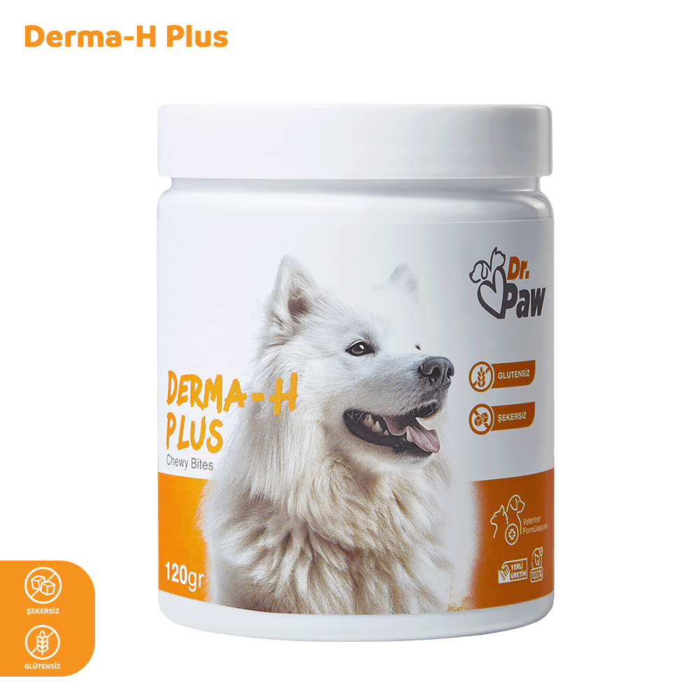 Derma H Plus: Köpekler İçin Glutensiz ve Şeker İlavesiz Tüy ve Cilt Sağlığı Destekleyici Çiğnenebilir Tablet (120 gr)