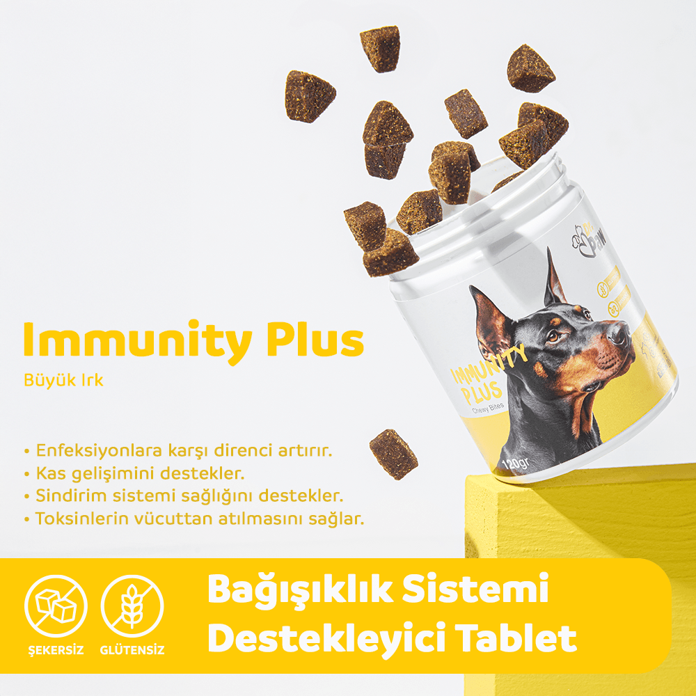 Immunity Plus: Köpekler İçin Glutensiz ve Şekersiz Bağışıklık Sistemi Destekleyici Çiğnenebilir Tablet (120gr)