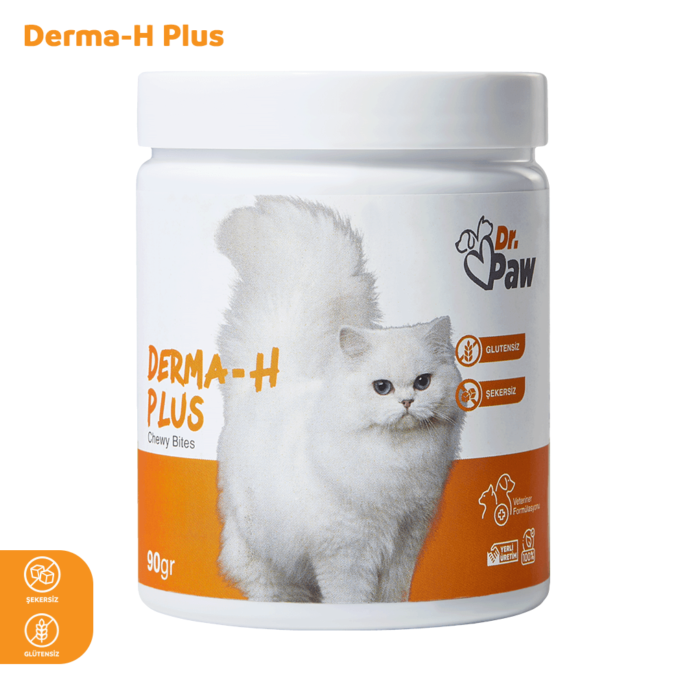 Derma H Plus: Kediler İçin Glutensiz ve Şeker İlavesiz Tüy ve Cilt Sağlığı Destekleyici Çiğnenebilir Tablet (90 gr)