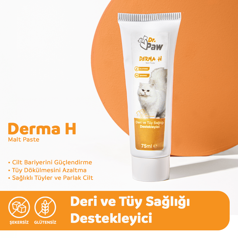 Derma H Malt Paste: Kediler İçin Glutensiz ve Şekersiz Tüy ve Cilt Sağlığı Destekleyici (100 gr)