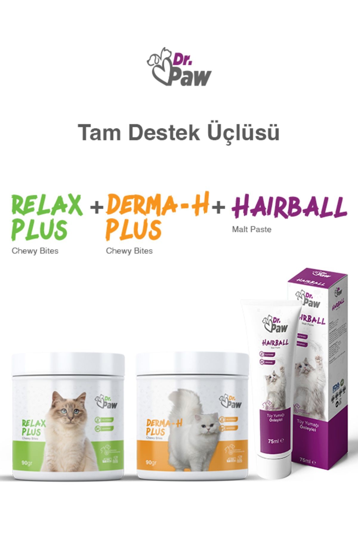 Hairball Malt Paste + Derma H Plus + Relax Plus: Tam Destek Üçlüsü