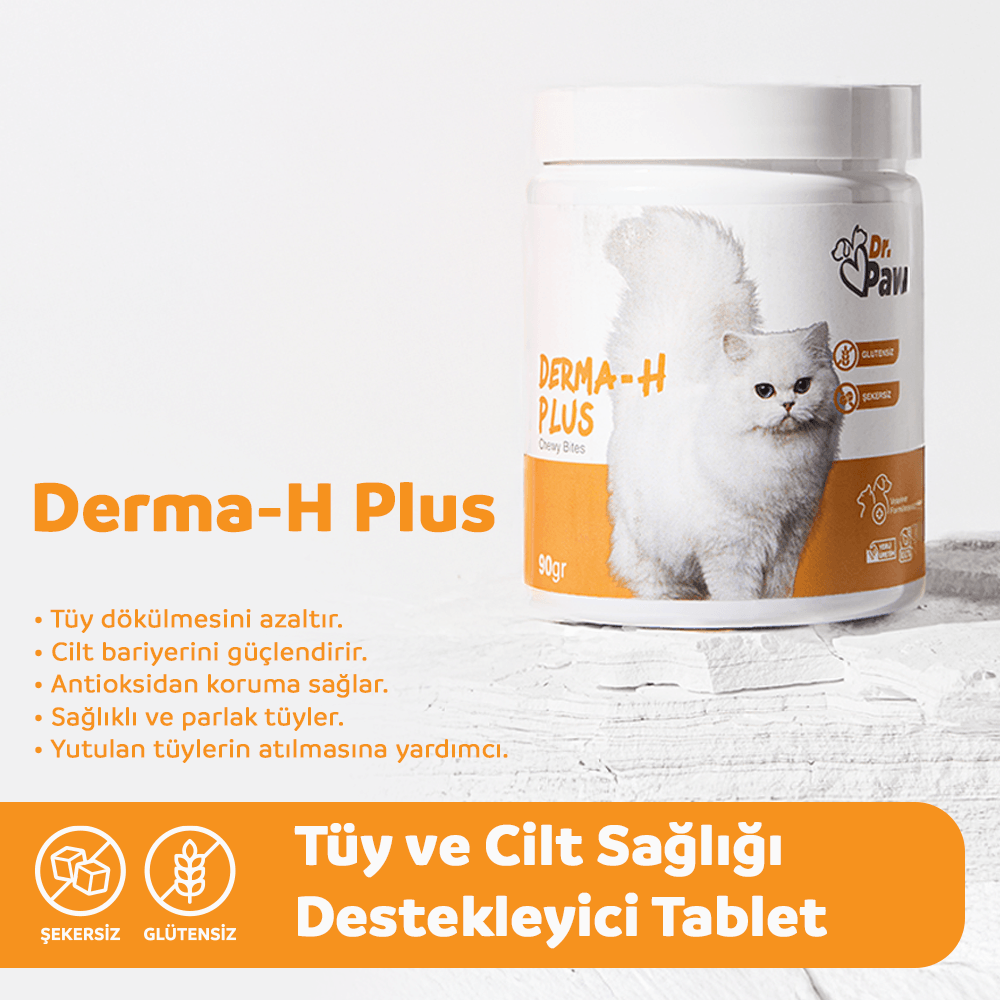 Derma H Plus: Kediler İçin Glutensiz ve Şeker İlavesiz Tüy ve Cilt Sağlığı Destekleyici Çiğnenebilir Tablet (90 gr)