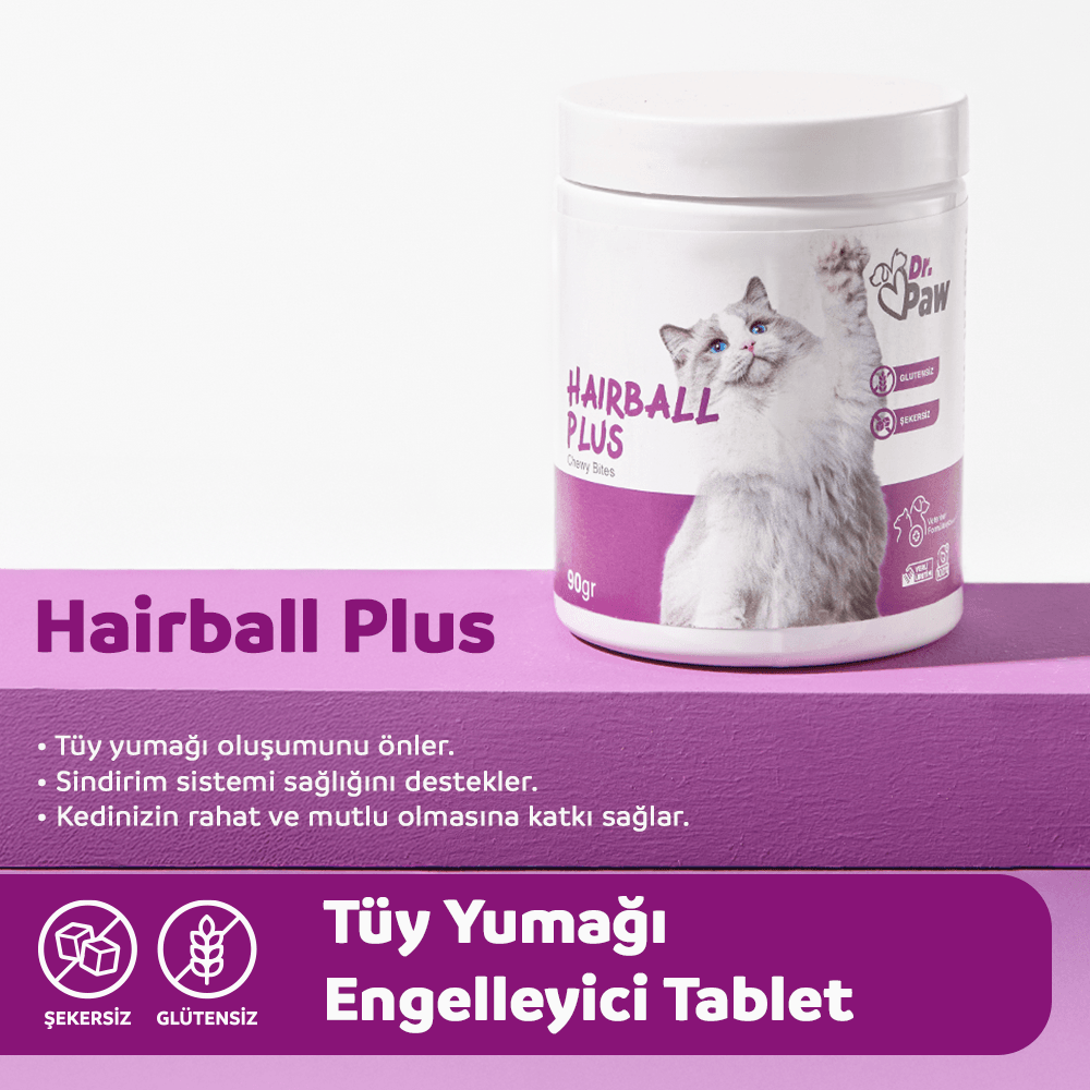 Hairball Plus: Kediler İçin Glutensiz ve Şeker İlavesiz Tüy Yumağı Engelleyici Çiğnenebilir Tablet (90 gr)