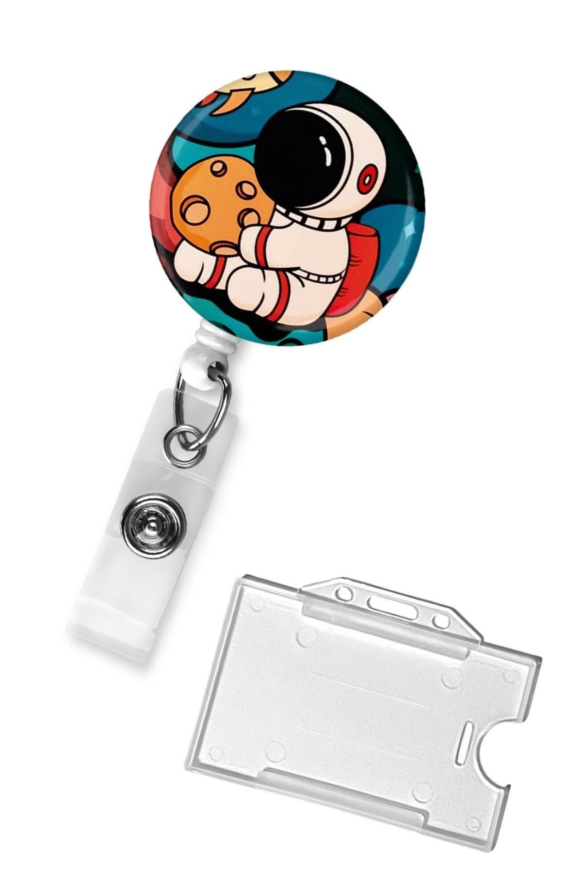 Astronot Desenli Damla Yoyo Yaka Kartlığı | Sevimli Uzay Temalı Çekmeli Kartlık