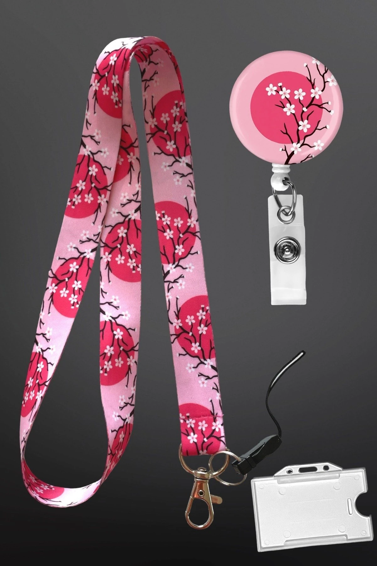 Pembe Kiraz Çiçeği Desenli 3 lü Set Boyun İpi Yoyo Yaka Kartı