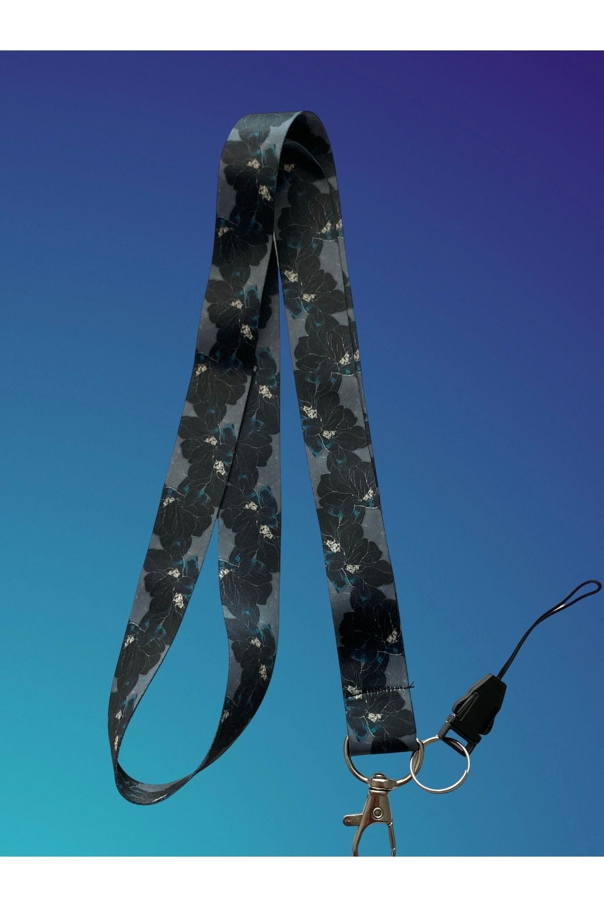 Siyah Gül Desenli Boyun Askısı - Lanyard Anahtarlık Kartlık İpi