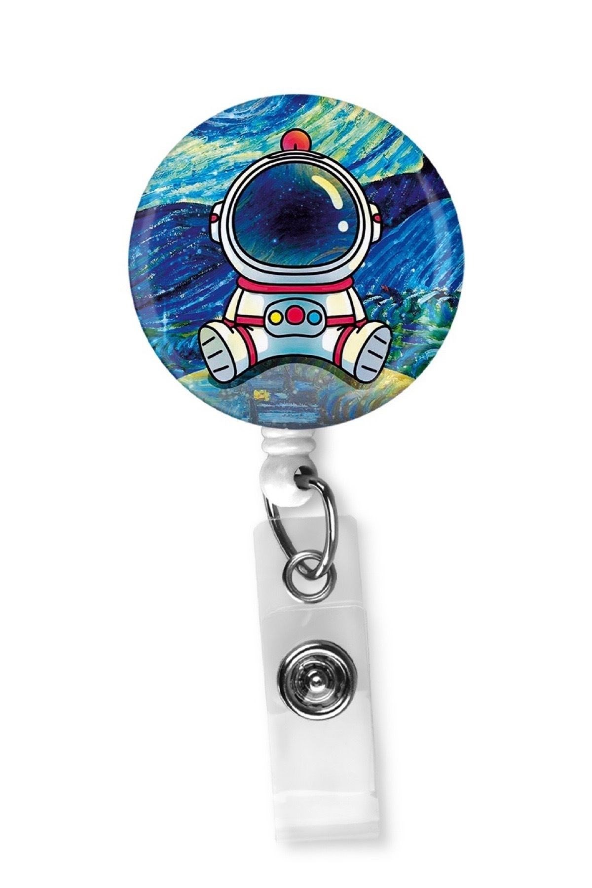 Sanat Temalı Astronot Yoyo Yaka Kartlığı | Yıldızlı Gece Desenli Sevimli Kartlık