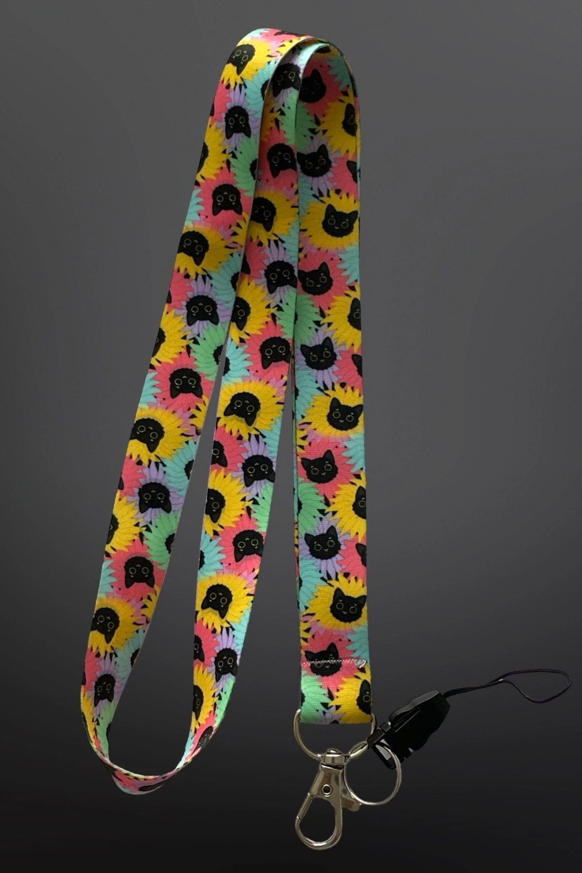 Çiçekli Renkli Kedi Desenli Boyun İpi Lanyard Kartlık & Anahtarlık Askısı Telefon Askılı