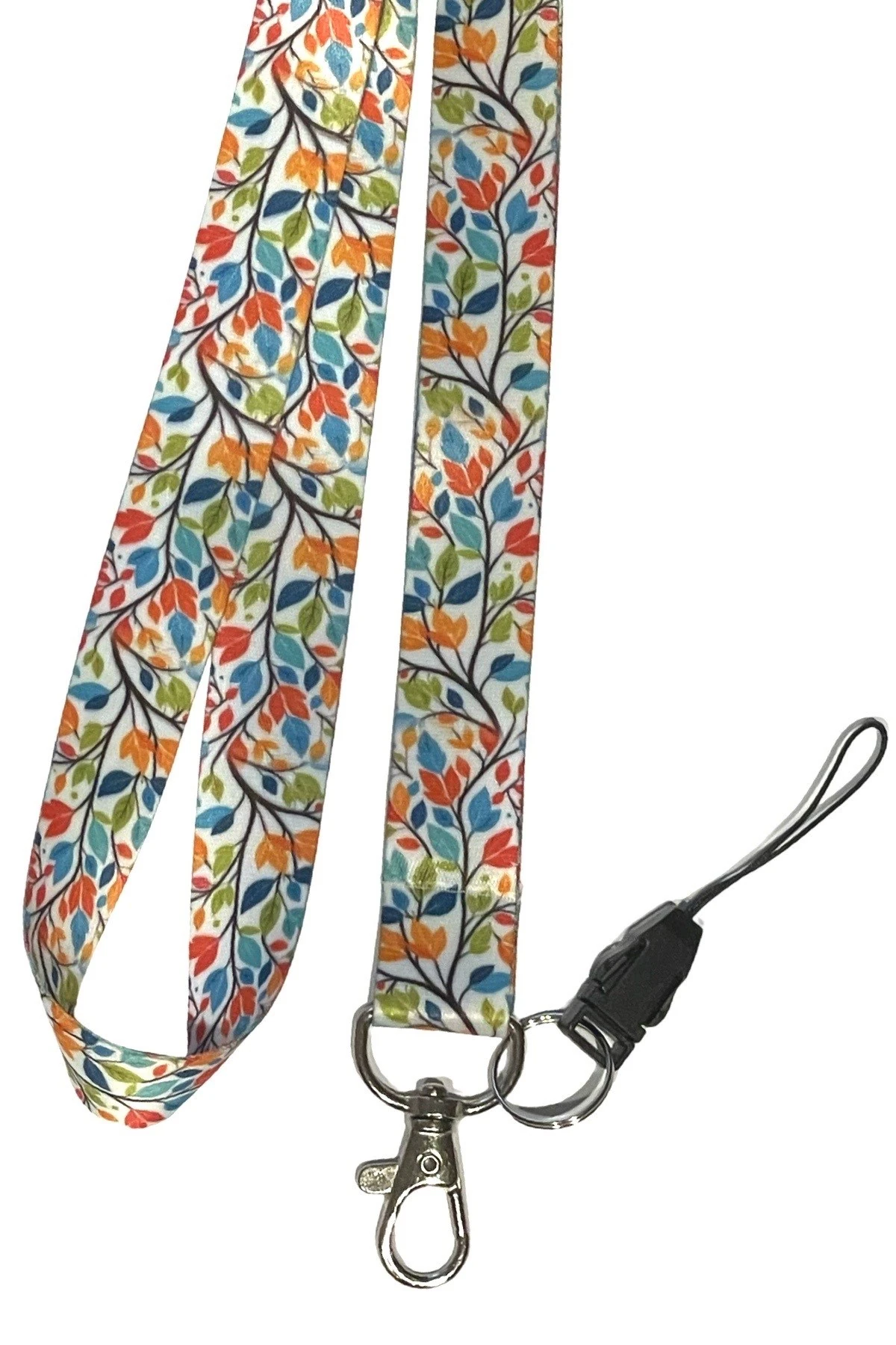 Renkli Yaprak Desenli Boyun İpi | Anahtarlık & Telefon Askılı Lanyard | Kartlık - ID Kart Askısı