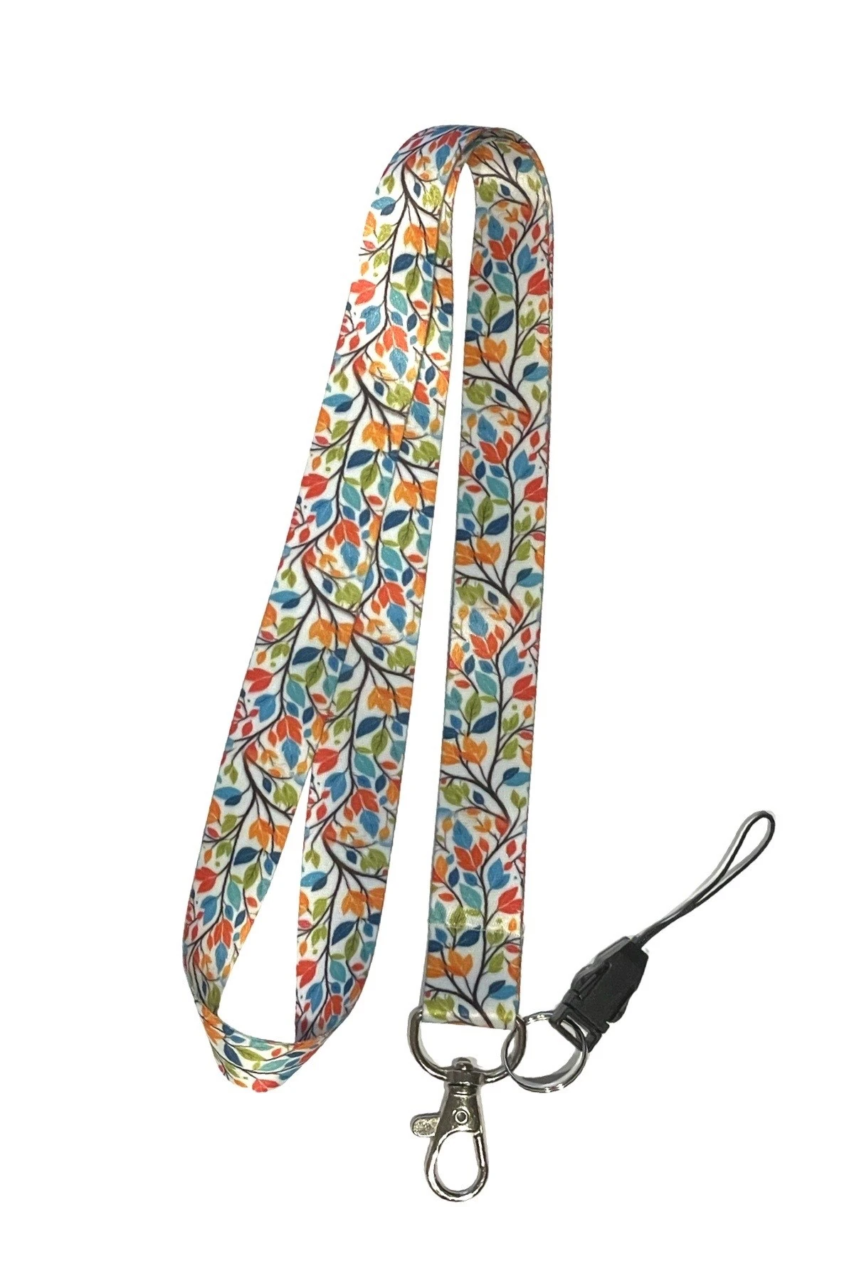 Renkli Yaprak Desenli Boyun İpi | Anahtarlık & Telefon Askılı Lanyard | Kartlık - ID Kart Askısı