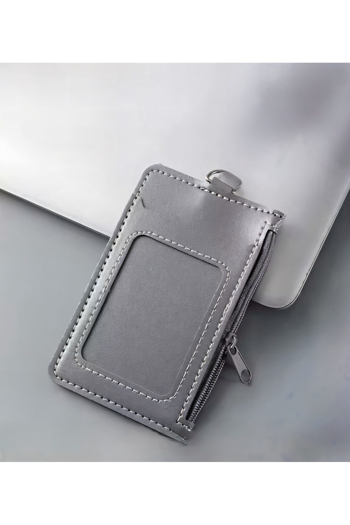 Leather Dikey Gri Kart Kılıfı Yaka Kartı Koruyucu Fermuarlı