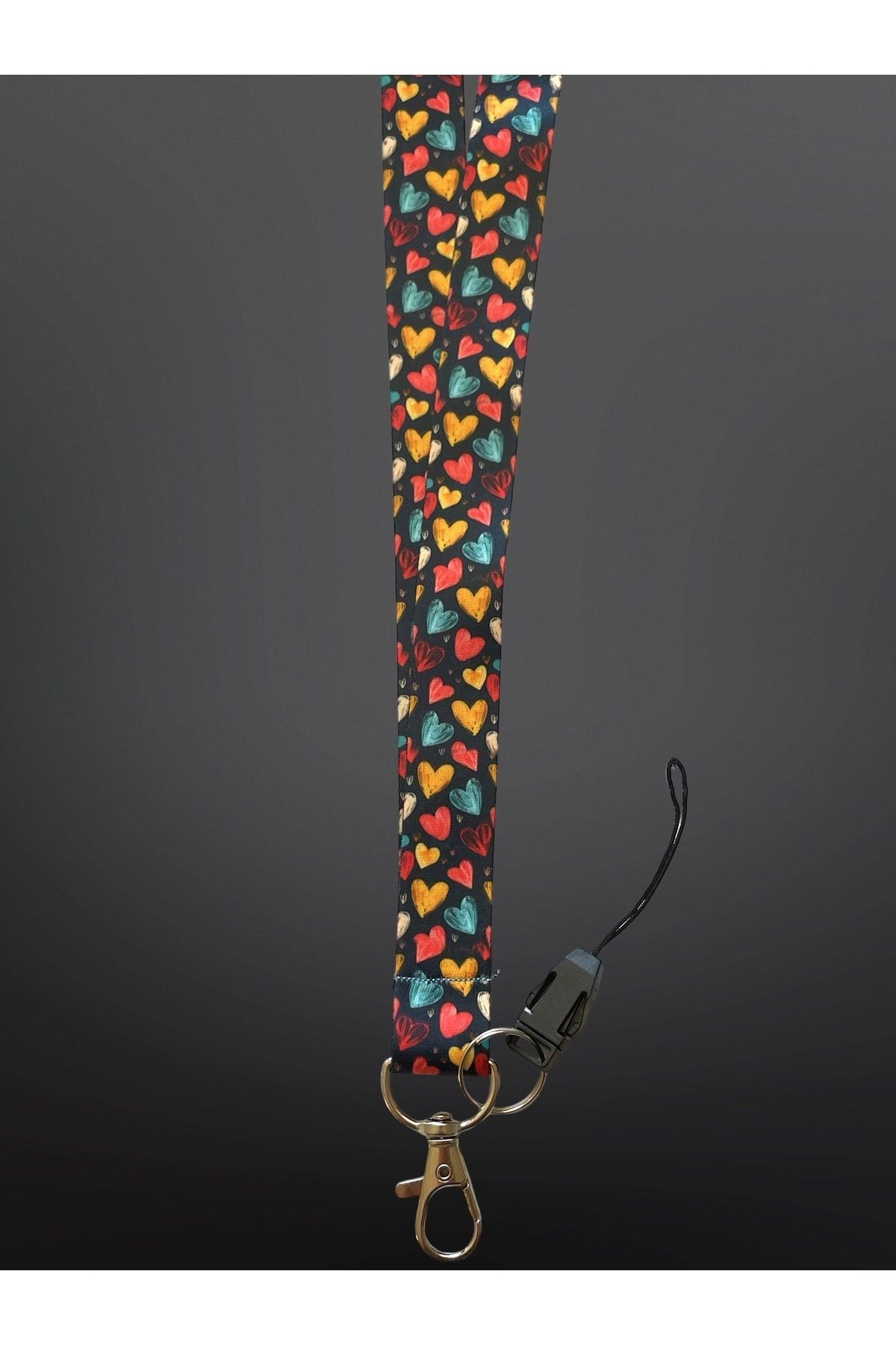 Renkli Kalpli Desenli Lanyard Boyun İpi - Anahtarlık & Yaka Kartı Askısı