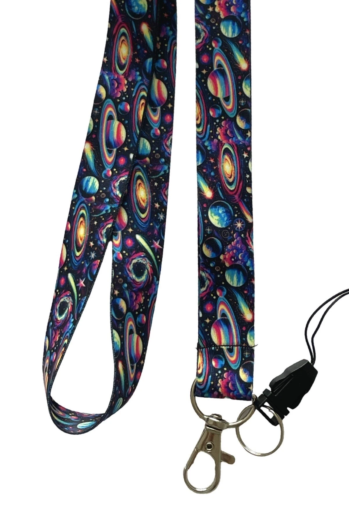 Hiper Galaksi Desenli Boyun İpi – Renkli Lanyard | Metal Klipsli & Anahtarlık Askısı