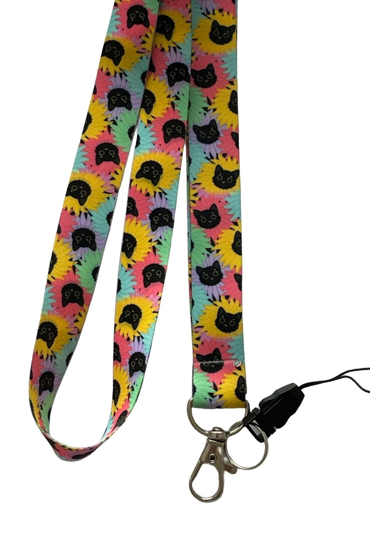 Çiçekli Renkli Kedi Desenli Boyun İpi Lanyard Kartlık & Anahtarlık Askısı Telefon Askılı