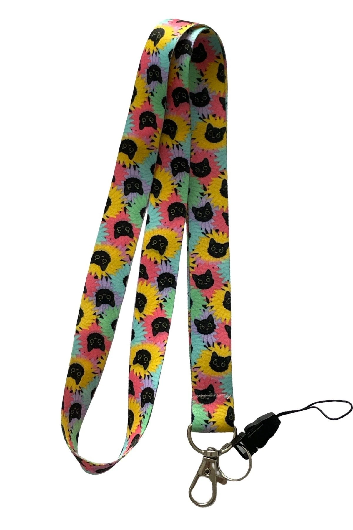 Çiçekli Renkli Kedi Desenli Boyun İpi Lanyard Kartlık & Anahtarlık Askısı Telefon Askılı