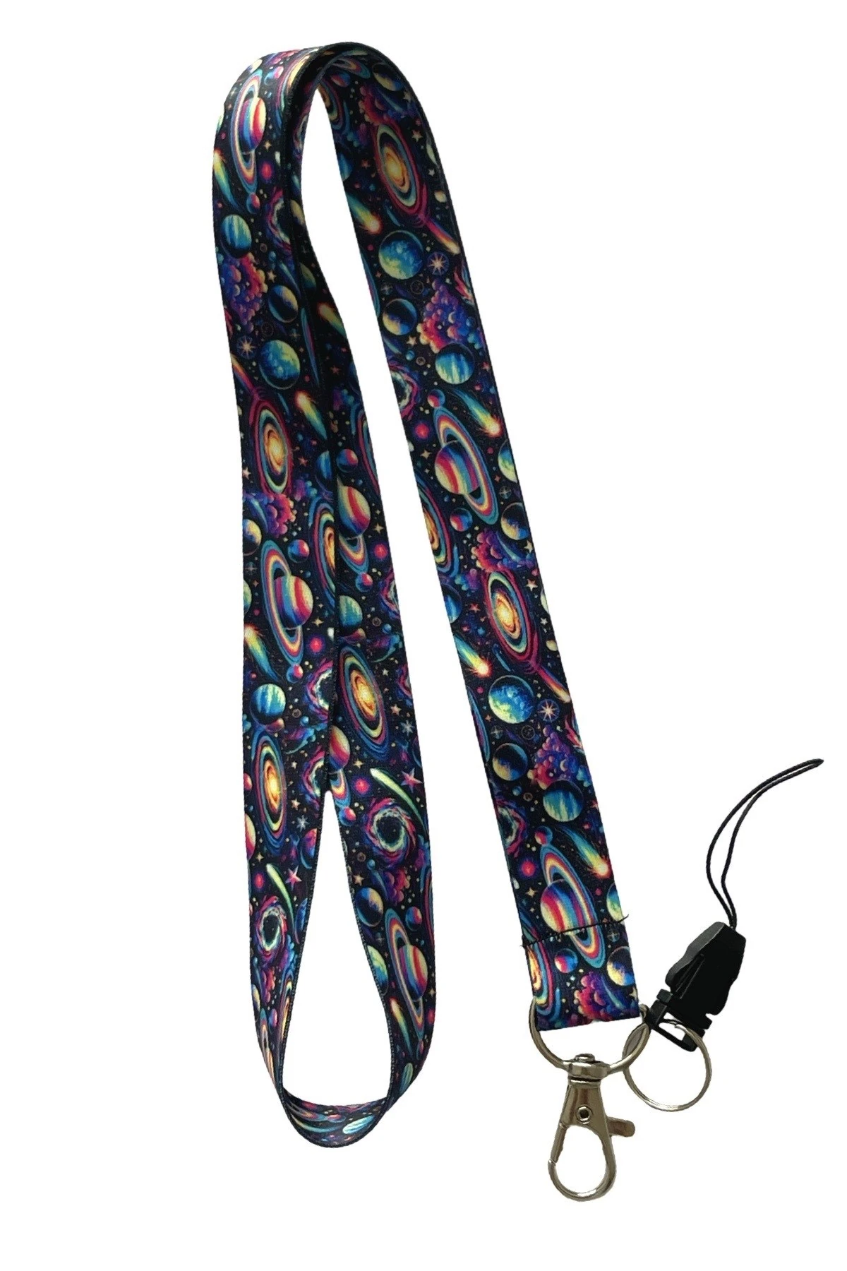 Hiper Galaksi Desenli Boyun İpi – Renkli Lanyard | Metal Klipsli & Anahtarlık Askısı