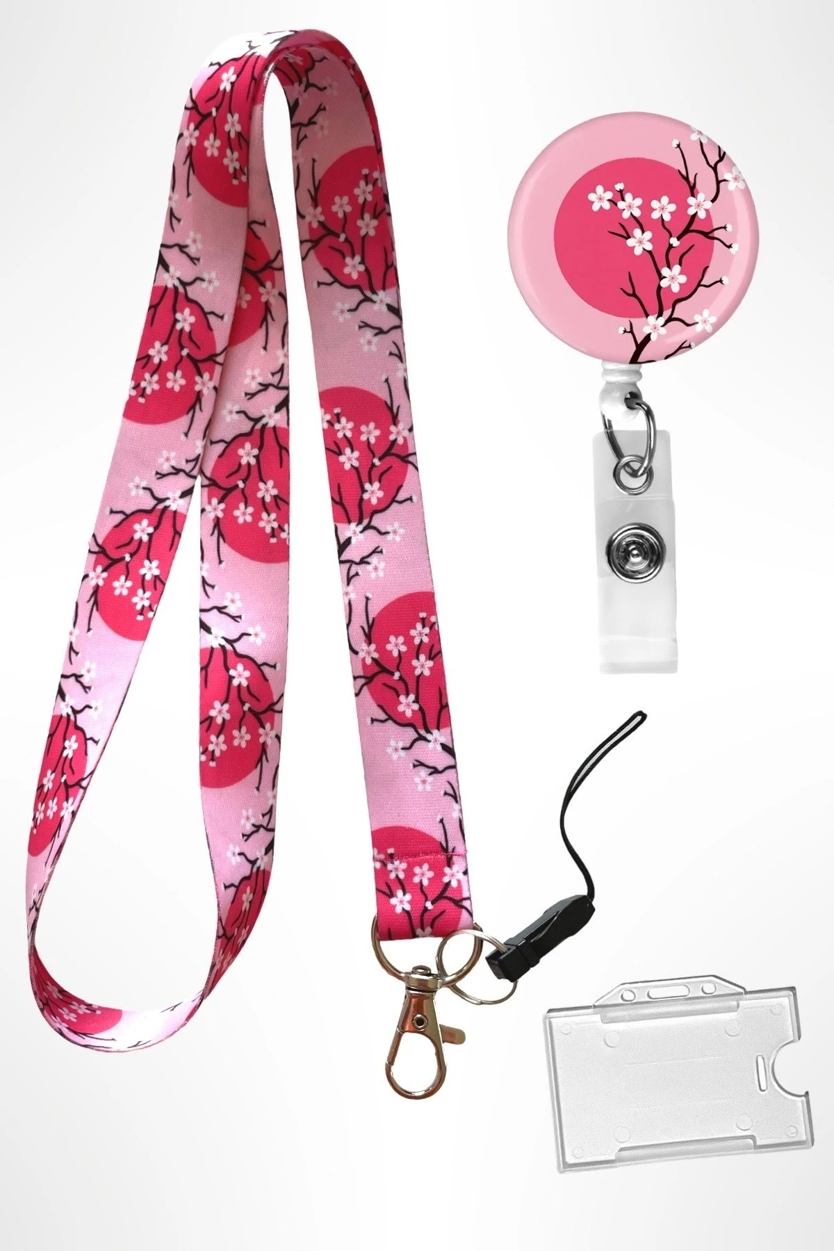 Pembe Kiraz Çiçeği Desenli 3 lü Set Boyun İpi Yoyo Yaka Kartı