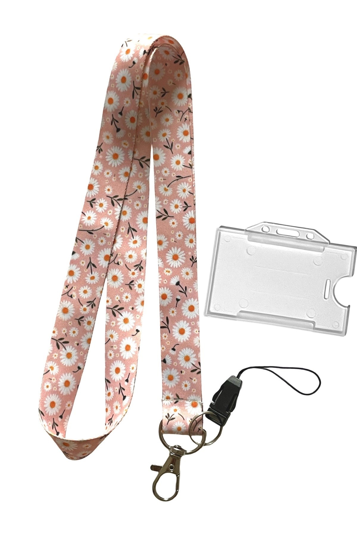 Pudra Papatya Desenli Lanyard Boyun İpi + Şeffaf Kartlık | Doktor, Hemşire, Öğretmen Kullanımı için