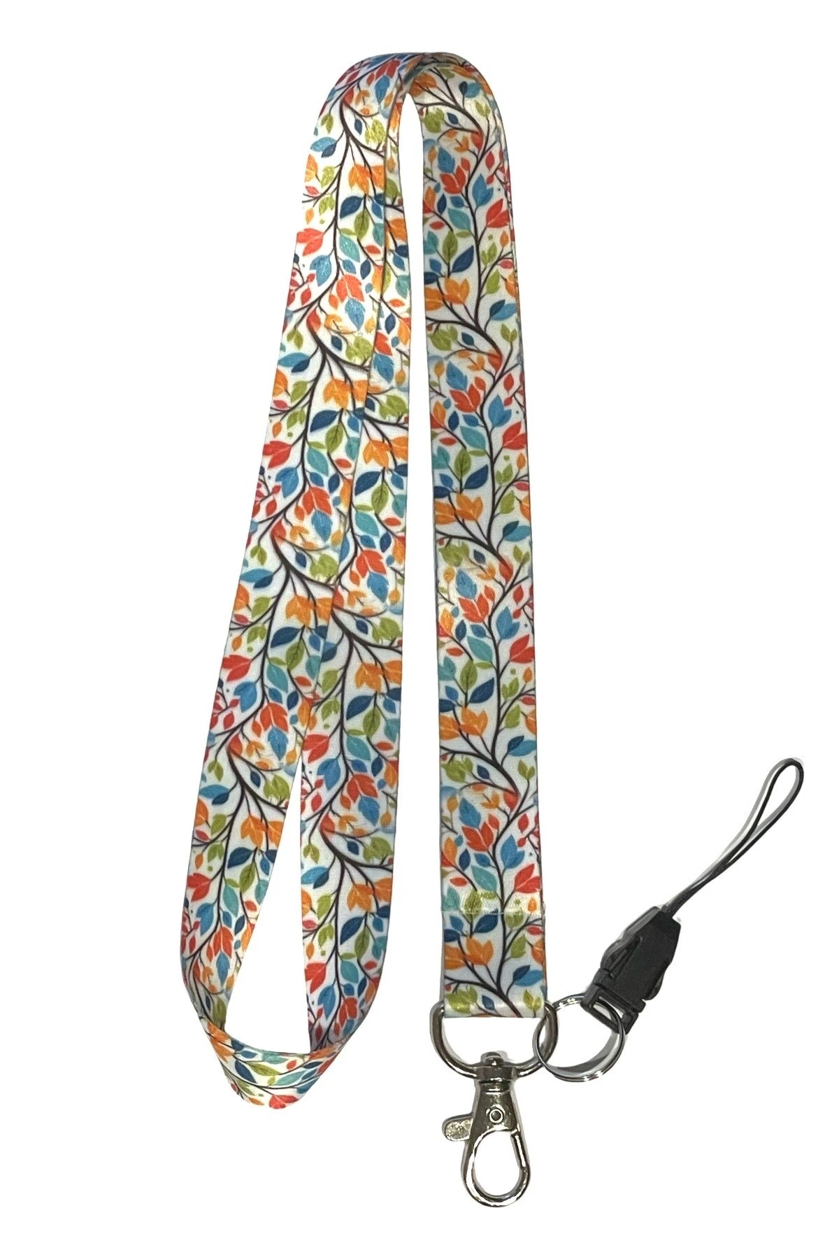 Renkli Yaprak Desenli Boyun İpi | Anahtarlık & Telefon Askılı Lanyard | Kartlık - ID Kart Askısı