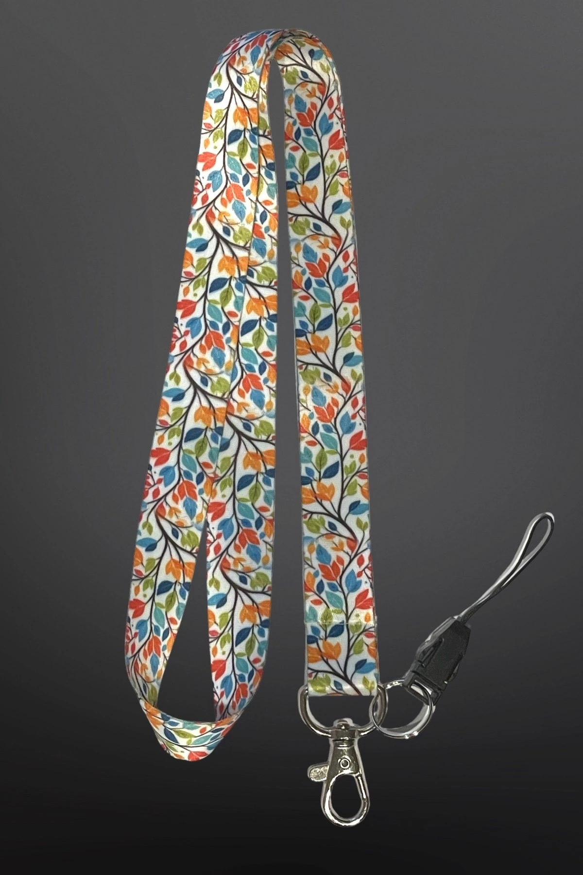 Renkli Yaprak Desenli Boyun İpi | Anahtarlık & Telefon Askılı Lanyard | Kartlık - ID Kart Askısı