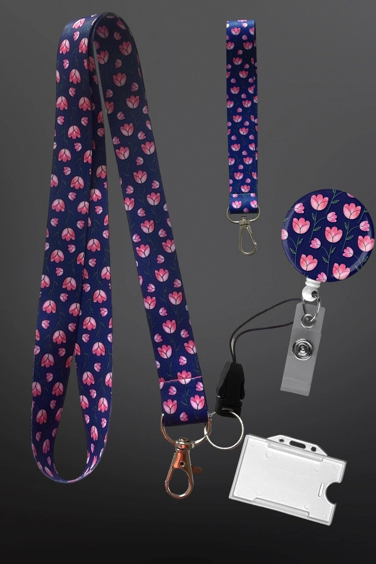 Lale Desenli 4 Lü Set Boyun ipi Anahtarlık Yoyo Kartlık