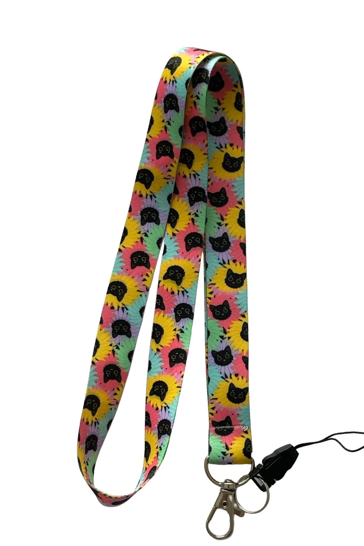 Çiçekli Renkli Kedi Desenli Boyun İpi Lanyard Kartlık & Anahtarlık Askısı Telefon Askılı