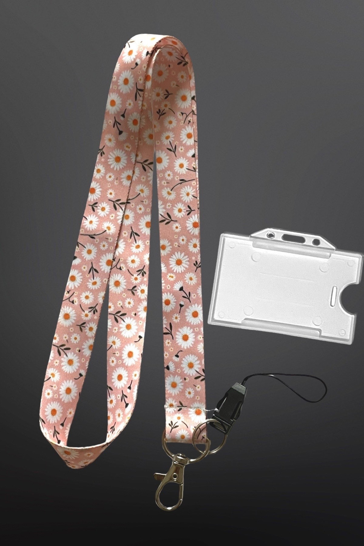 Pudra Papatya Desenli Lanyard Boyun İpi + Şeffaf Kartlık | Doktor, Hemşire, Öğretmen Kullanımı için