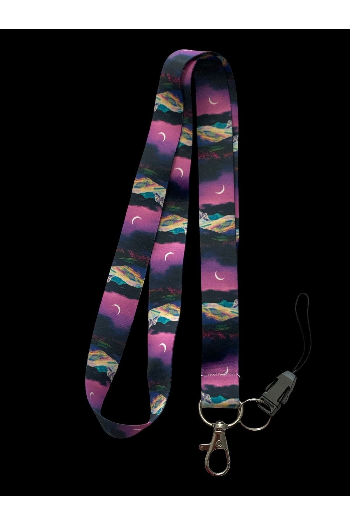 Gece Manzaralı Renkli Lanyard Boyun İpi Anahtarlık & Kartlık Askısı – Yumuşak Kumaş, Dayanıklı Klips