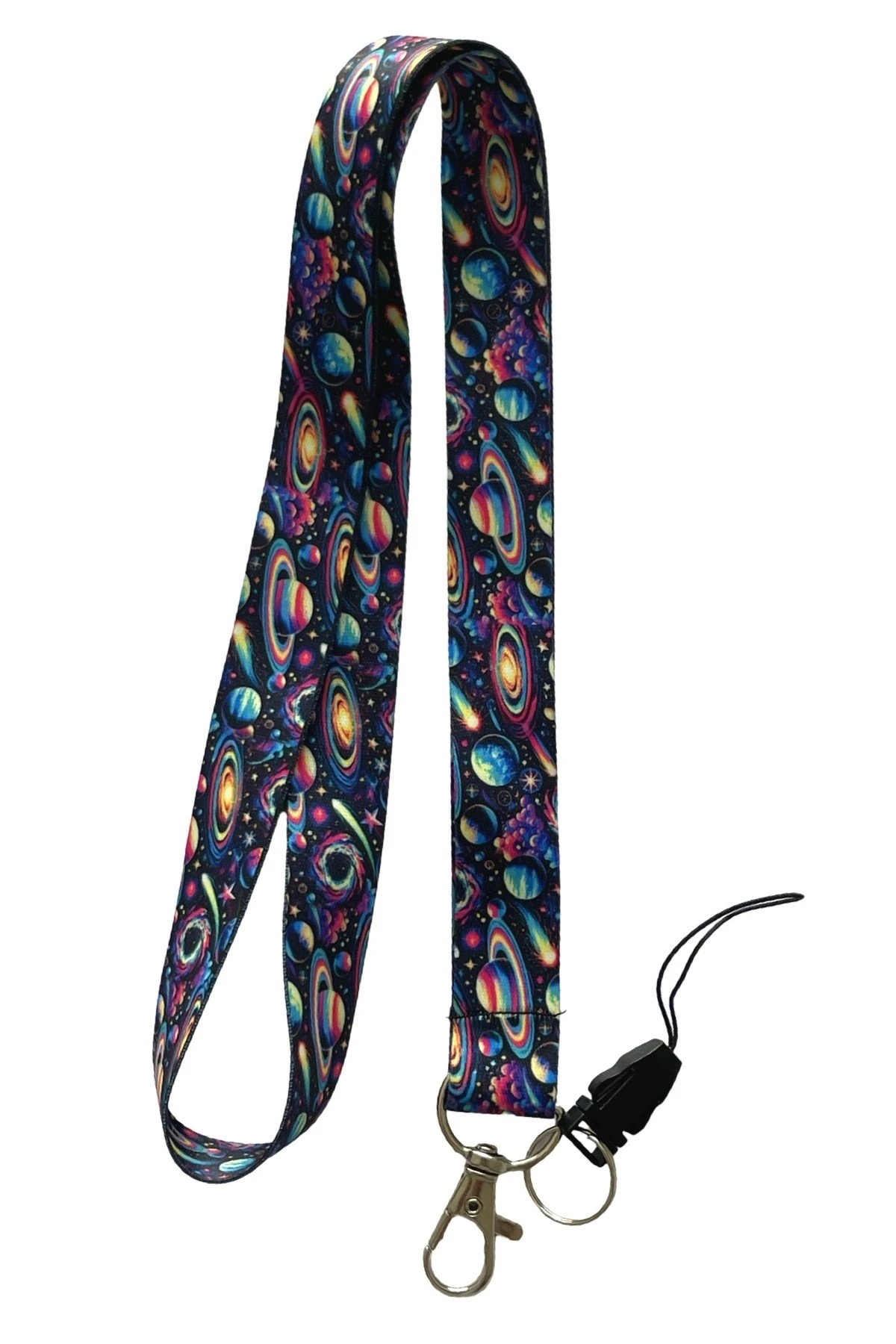 Hiper Galaksi Desenli Boyun İpi – Renkli Lanyard | Metal Klipsli & Anahtarlık Askısı