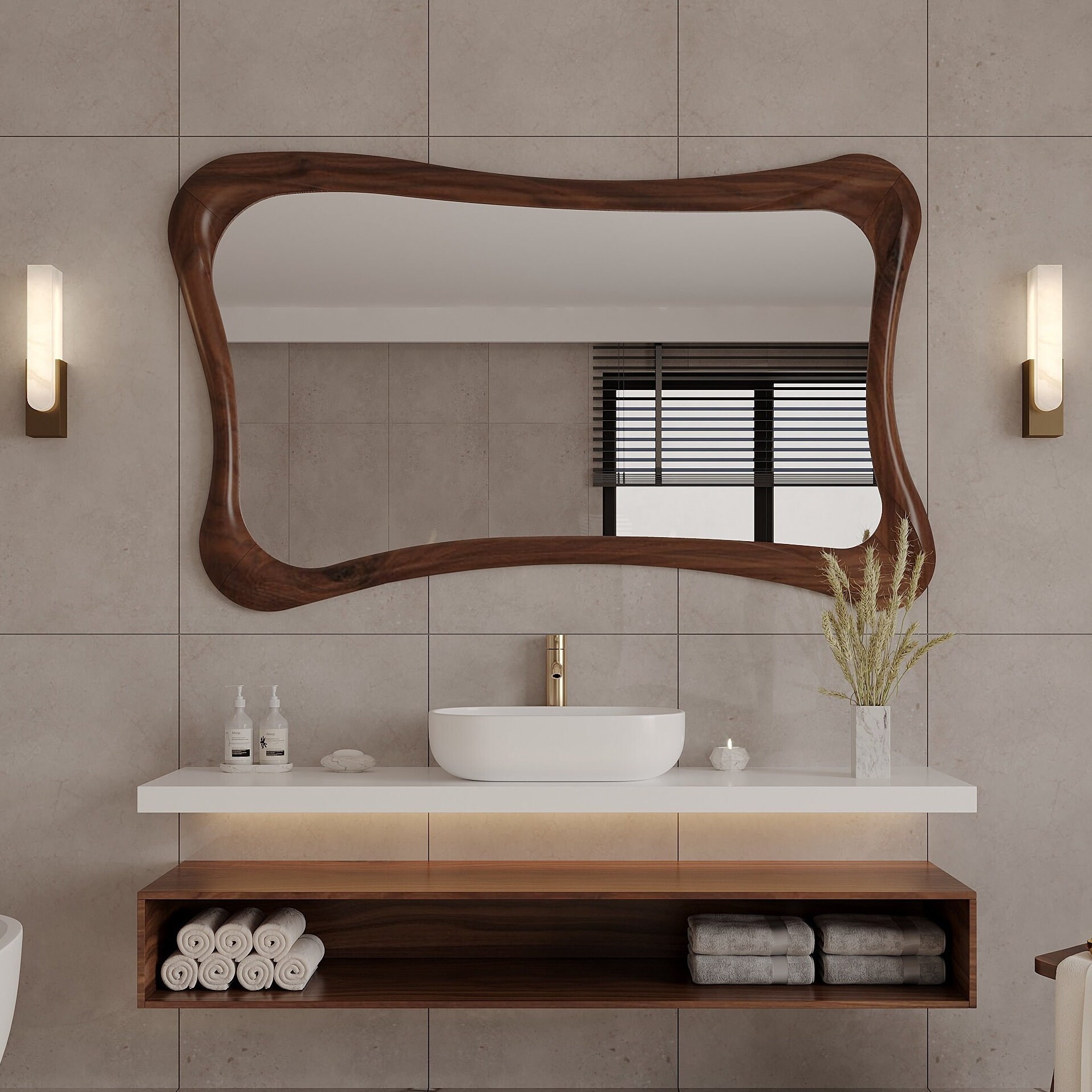 Asymmetric Mirror, Mirror For Wall Decor, Irregular Mirror, Decorative Wall Mirror, Wall Mirror For Living Room, Walnut Mirror, Wood Mirror