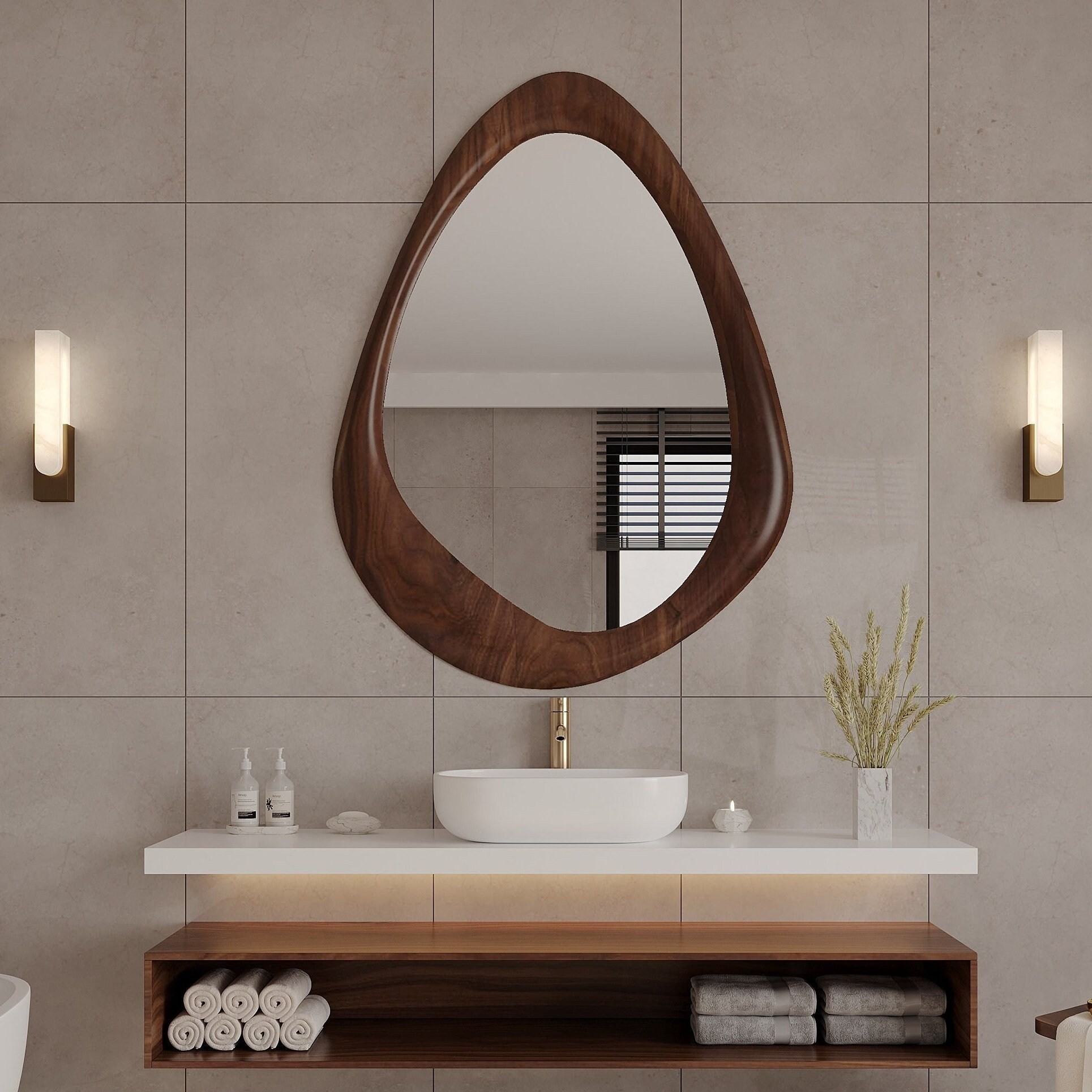 Bathroom Mirror, Sink Mirror, Wooden Framed Mirror, Mid Century Mirror, Asymmetrical Mirror, Irregular Mirror, Walnut Mirror, Entrway Mirror