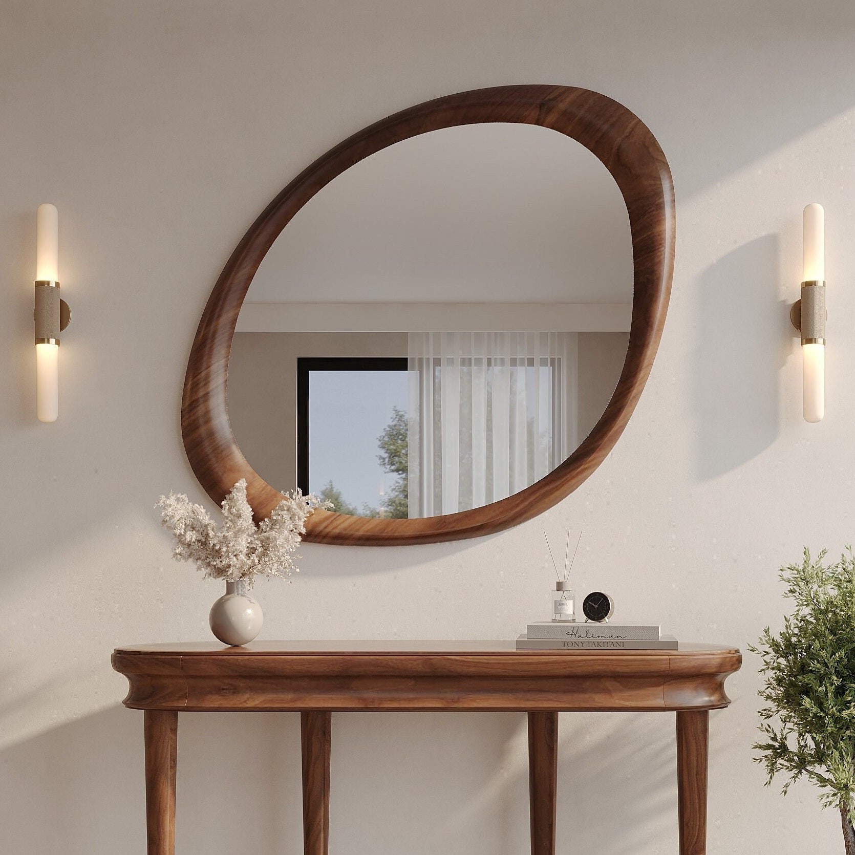 Asymmetric Mirror, Irregular Mirror, Wall Mirrors For Living Room, Wooden Mirror, Wall Mirror, Walnut Mirror, Mirror, Entrway Mirror