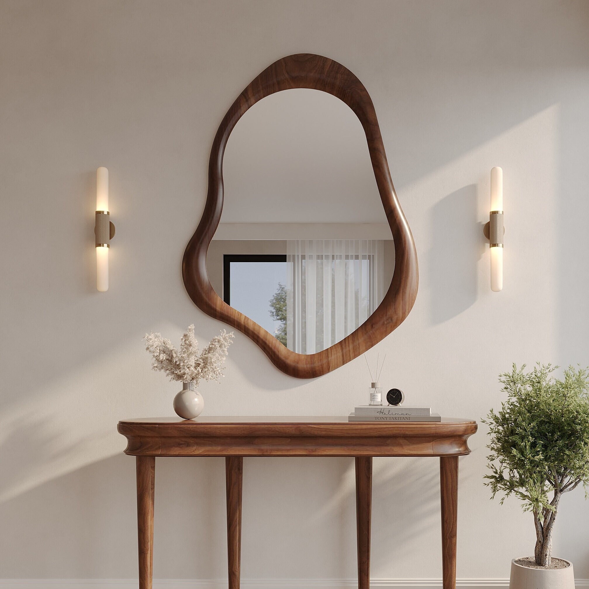 Asymmetric Mirror, Mirror For Wall Decor, Irregular Mirror, Decorative Wall Mirror, Wall Mirror For Living Room, Walnut Mirror, Wood Mirror