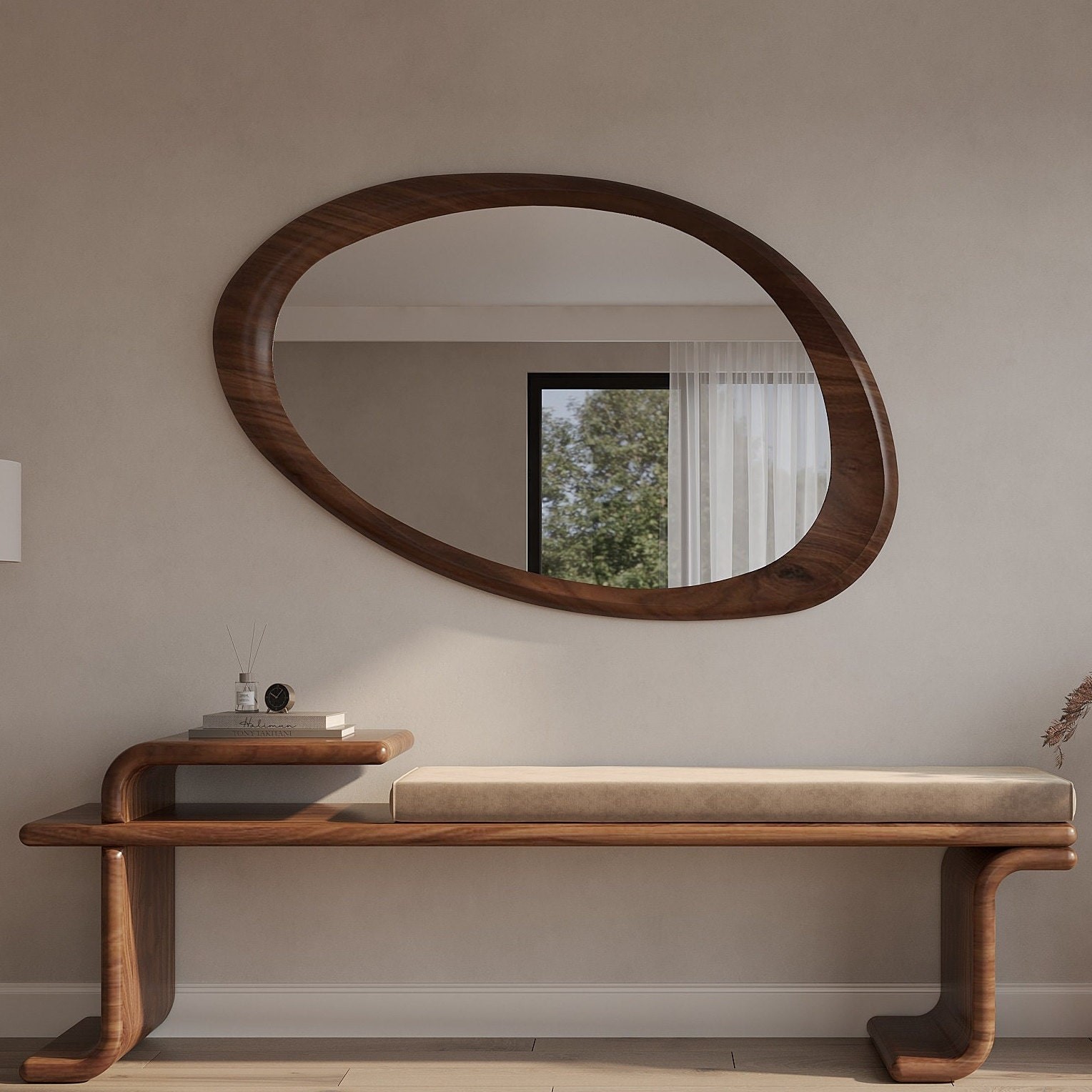Asymmetric Mirror, Mirror For Wall Decor, Irregular Mirror, Decorative Wall Mirror, Wall Mirror For Living Room, Walnut Mirror, Wood Mirror