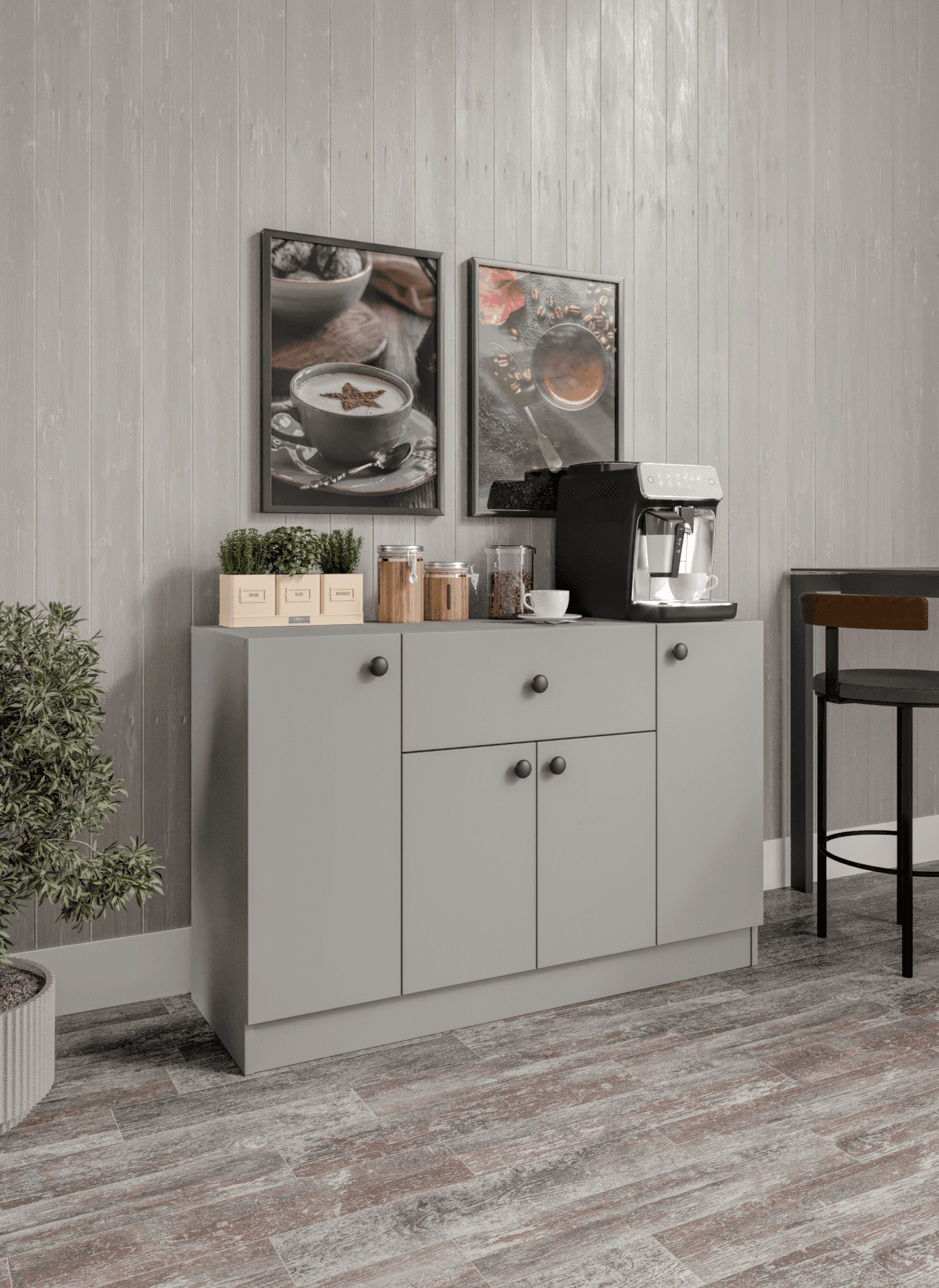%100 MDF 4 Kapaklı 1 Çekmeceli Çok Amaçlı Mutfak Dolabı - Kahve Köşesi -GRİ SOFT BEYAZ