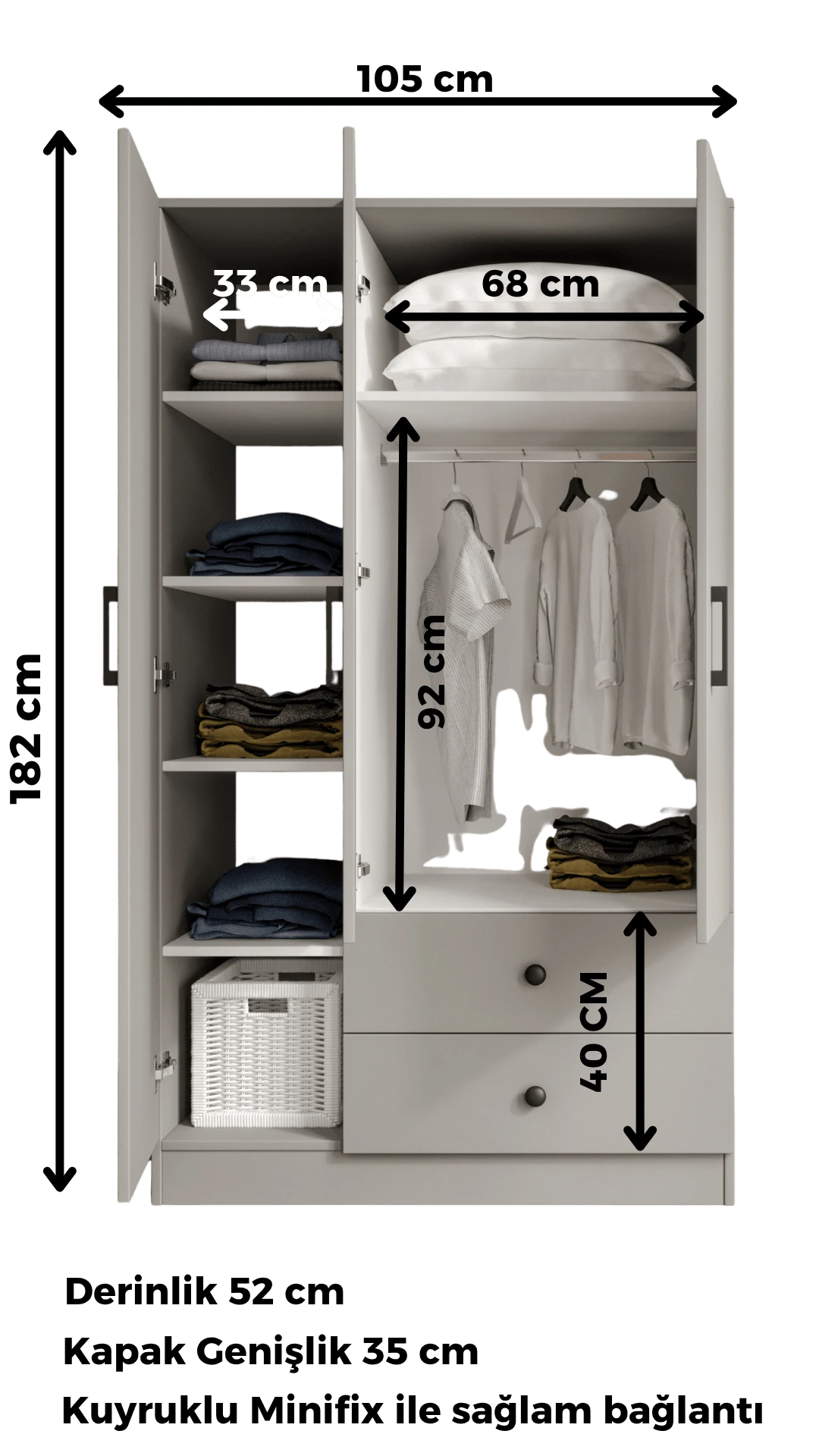 Cabinse %100 MDF 3 Kapaklı 2 Çekmeceli 7 Raflı Gardırop - Ceviz ve Soft Beyaz