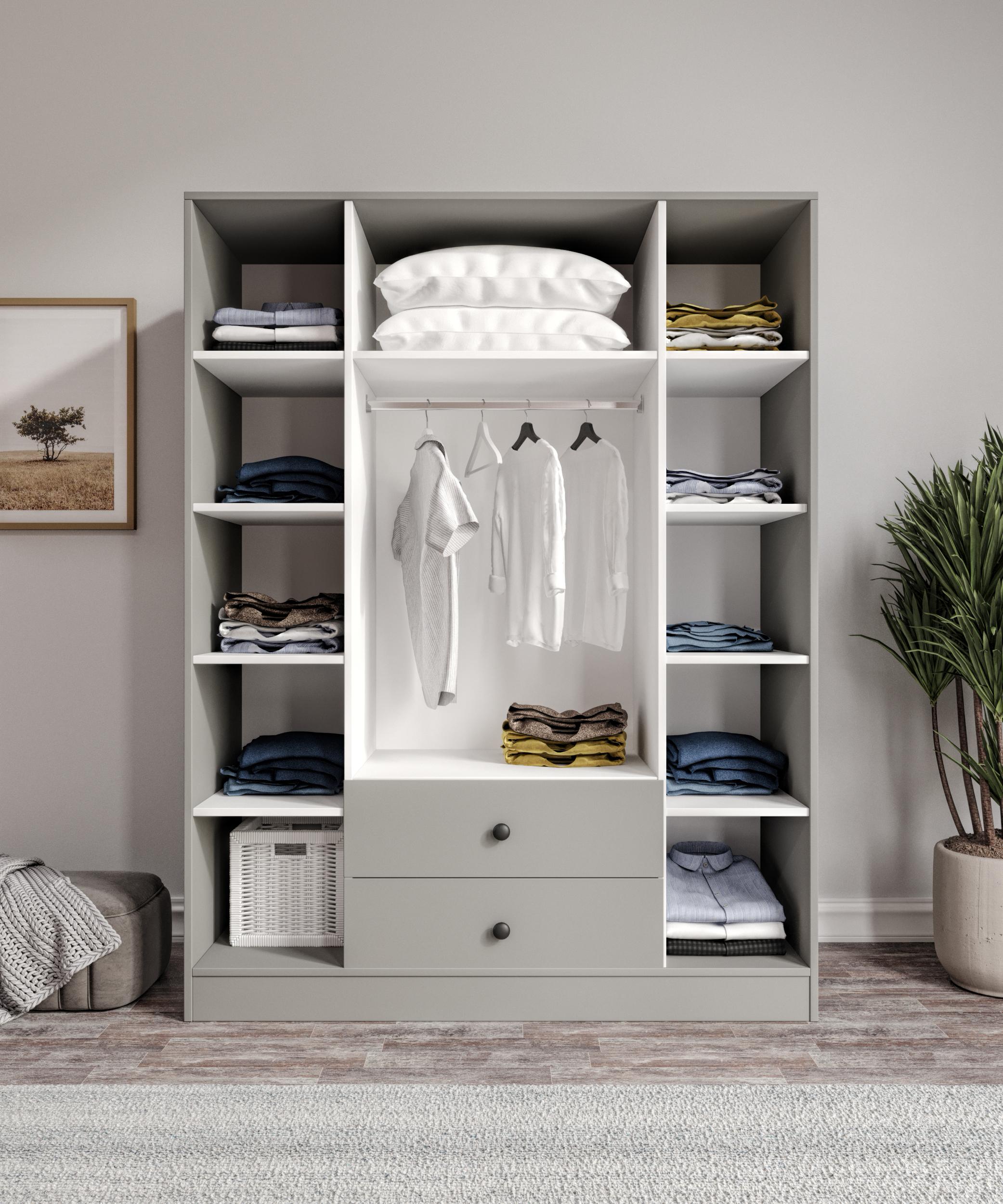 %100 MDF 4 Kapaklı 2 Çekmeceli 12 Raflı Elbise Dolabı GRİ-SOFT BEYAZ  Kuyruklu Minifix – Teleskopik Ray – Frenli Menteşe