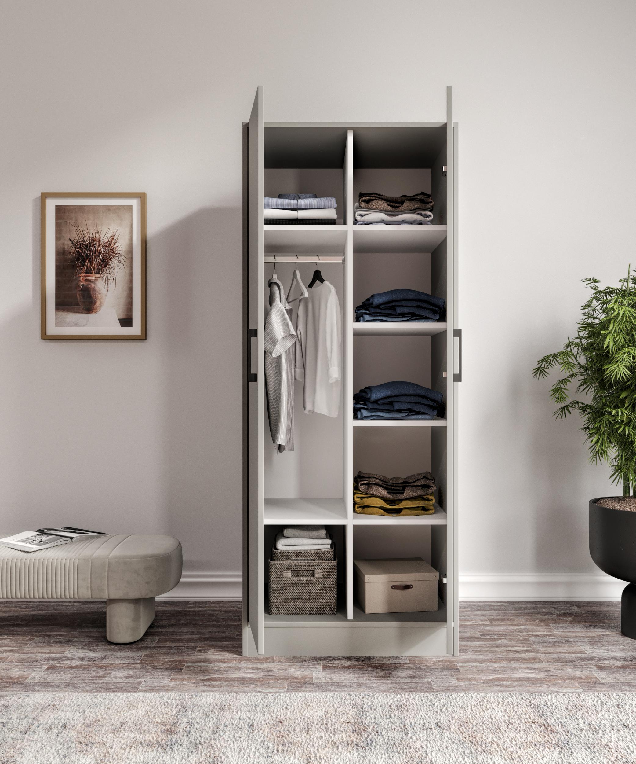 %100 MDF 2 Kapaklı Elbise Dolabı  GRİ-SOFT BEYAZ– 70 x 182 x 51 cm