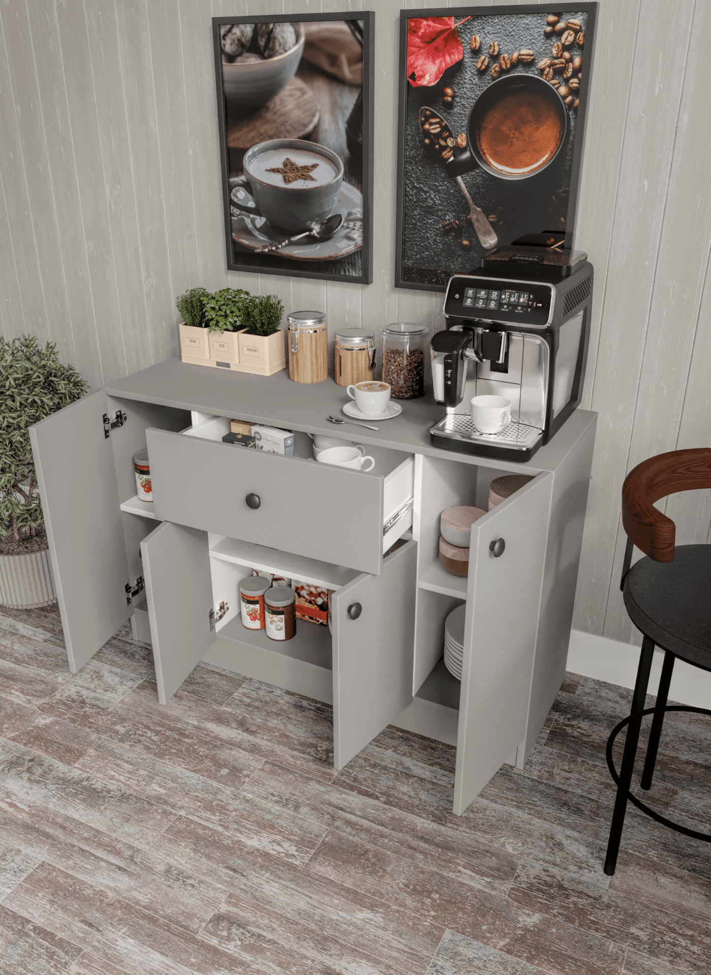 %100 MDF 4 Kapaklı 1 Çekmeceli Çok Amaçlı Mutfak Dolabı - Kahve Köşesi -GRİ SOFT BEYAZ
