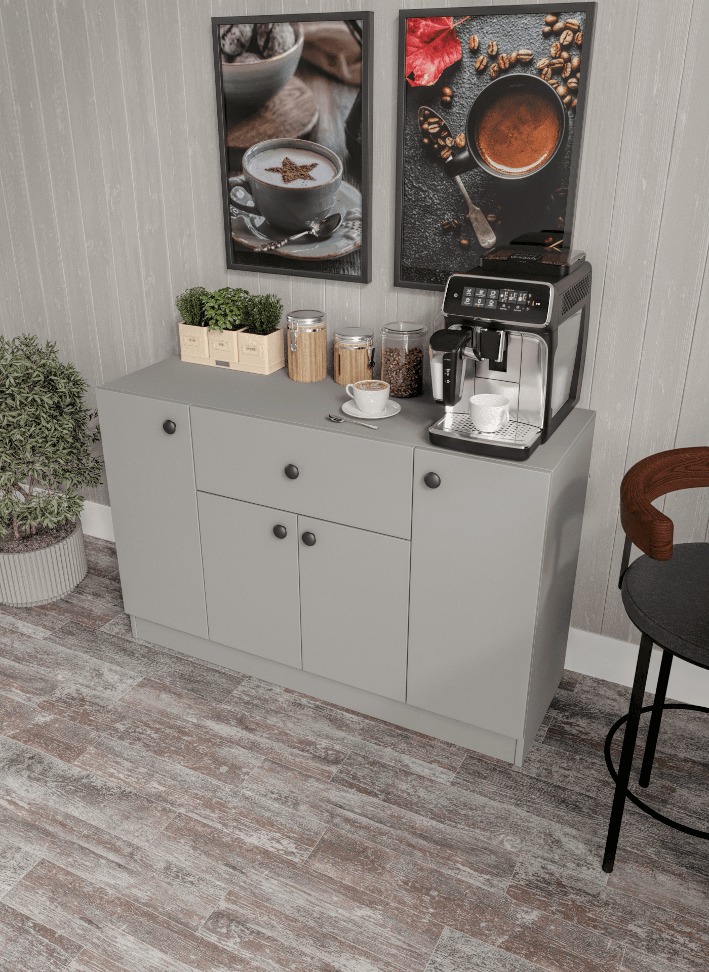 %100 MDF 4 Kapaklı 1 Çekmeceli Çok Amaçlı Mutfak Dolabı - Kahve Köşesi -GRİ SOFT BEYAZ