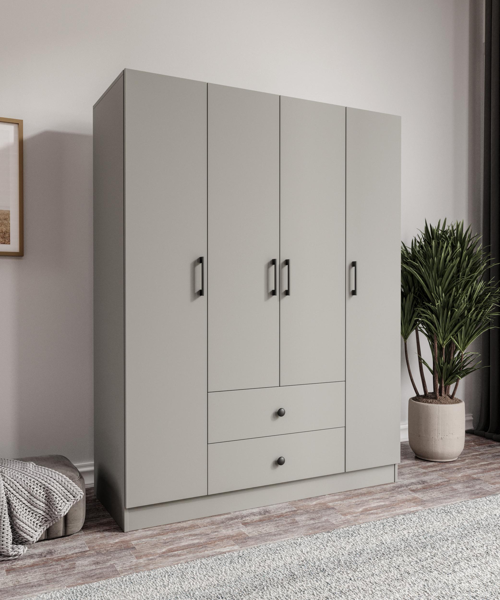%100 MDF 4 Kapaklı 2 Çekmeceli 12 Raflı Elbise Dolabı GRİ-SOFT BEYAZ  Kuyruklu Minifix – Teleskopik Ray – Frenli Menteşe