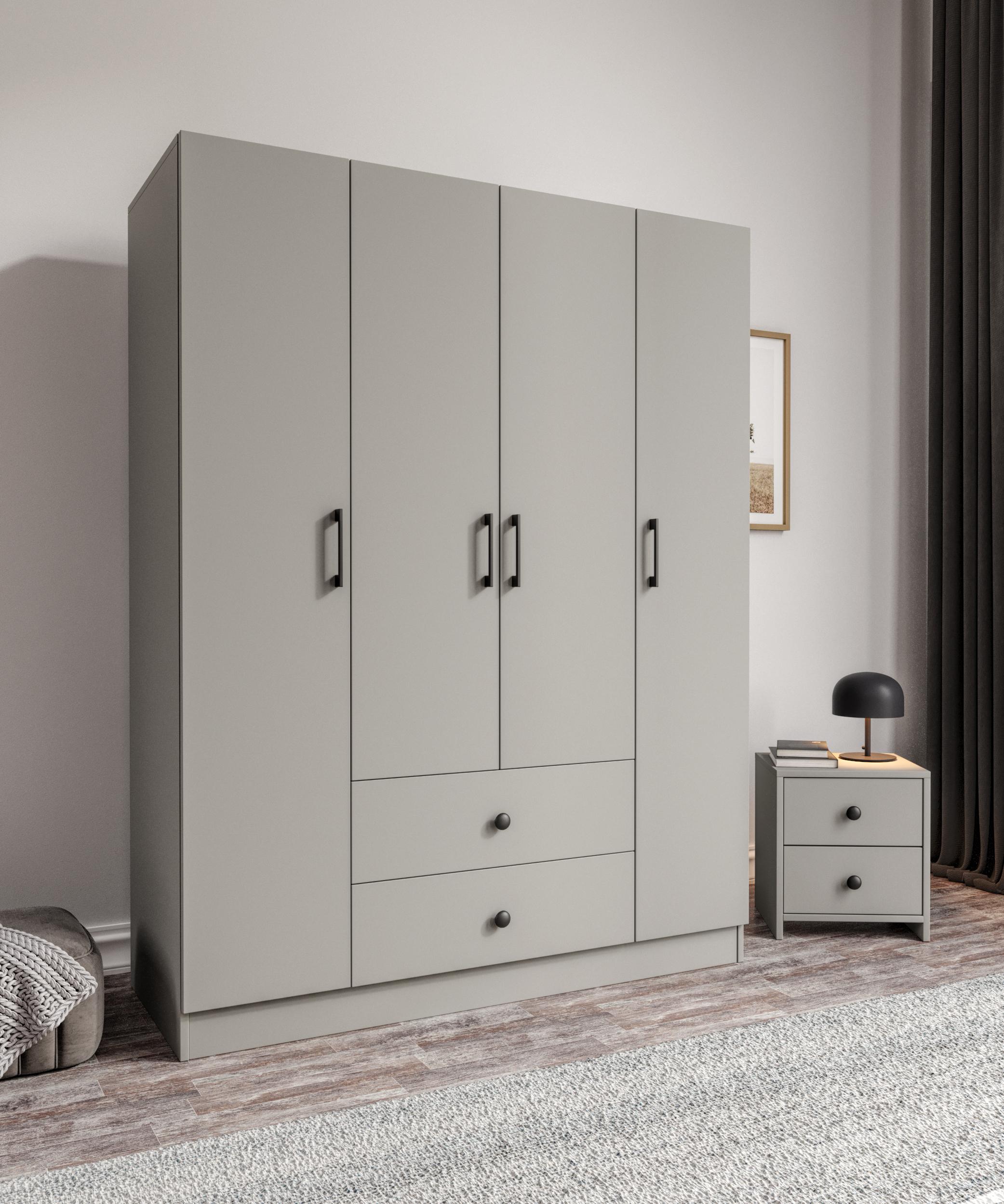 %100 MDF 4 Kapaklı 2 Çekmeceli 12 Raflı Elbise Dolabı GRİ-SOFT BEYAZ  Kuyruklu Minifix – Teleskopik Ray – Frenli Menteşe