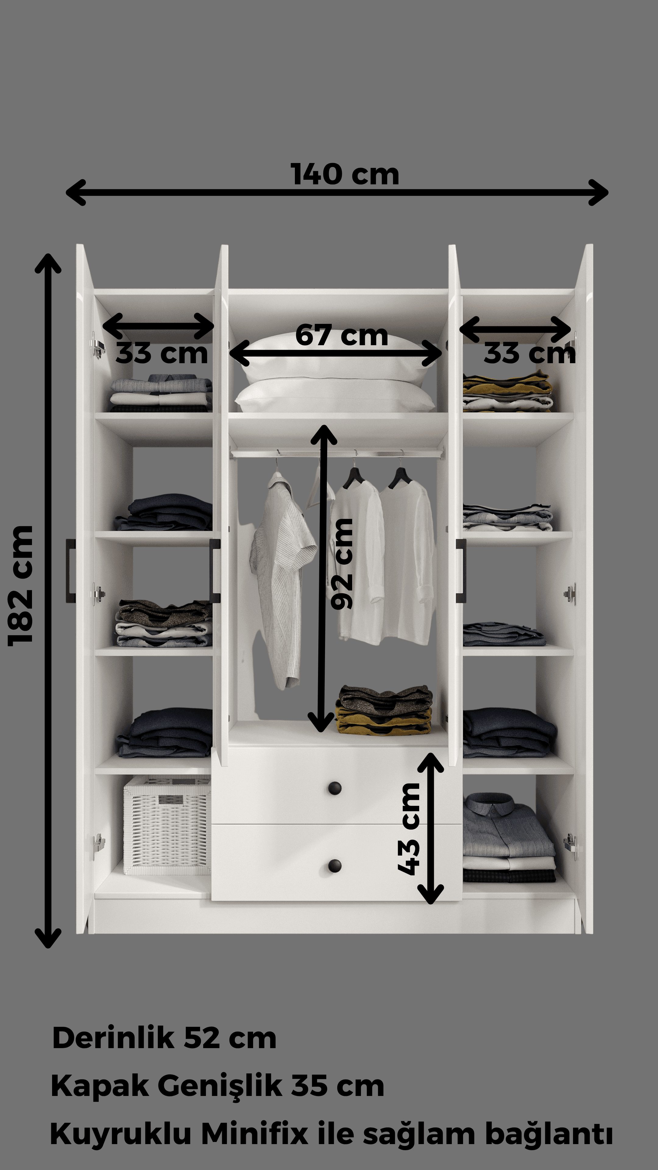 Cabinse %100 MDF 4 Kapaklı 2 Çekmeceli 12 Raflı Gardırop –Çizilmeye Dayanıklı High Gloss Kapak ANTRASİT