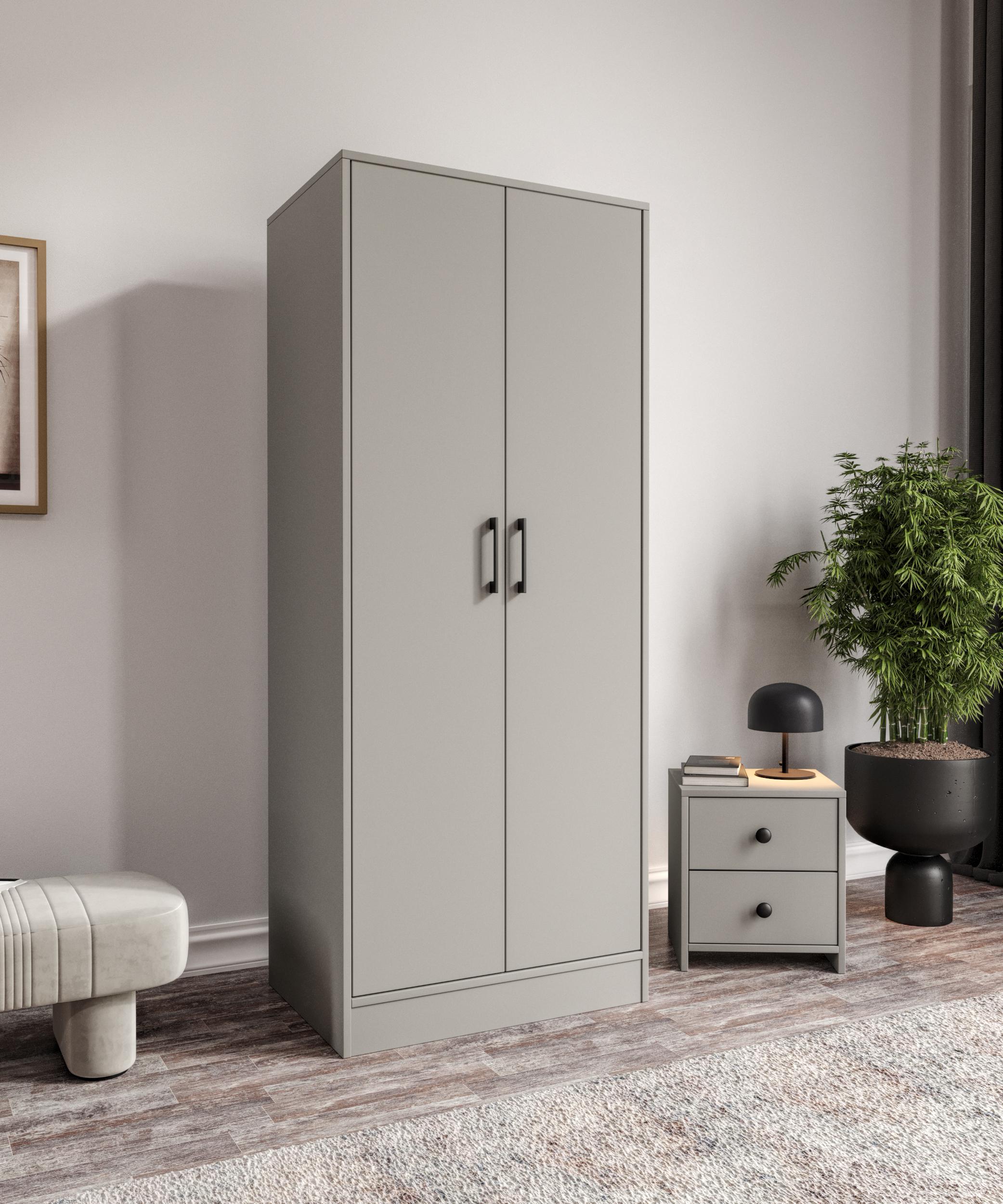 %100 MDF 2 Kapaklı Elbise Dolabı  GRİ-SOFT BEYAZ– 70 x 182 x 51 cm