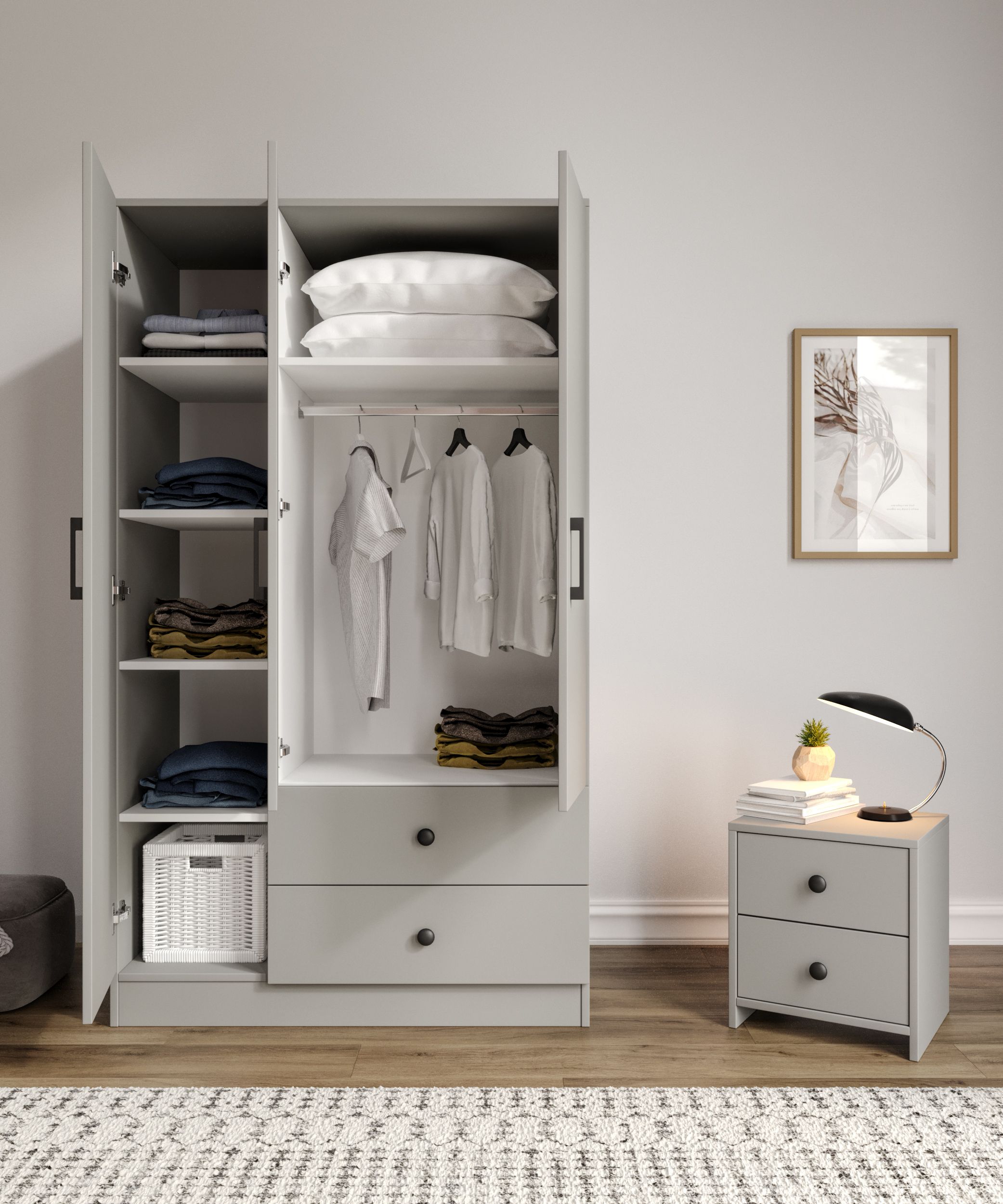 %100 MDF 3 Kapaklı 2 Çekmeceli 7 Raflı Gardırop GRİ-SOFT BEYAZ Ölçüler: 105 x 182 x 52 cm