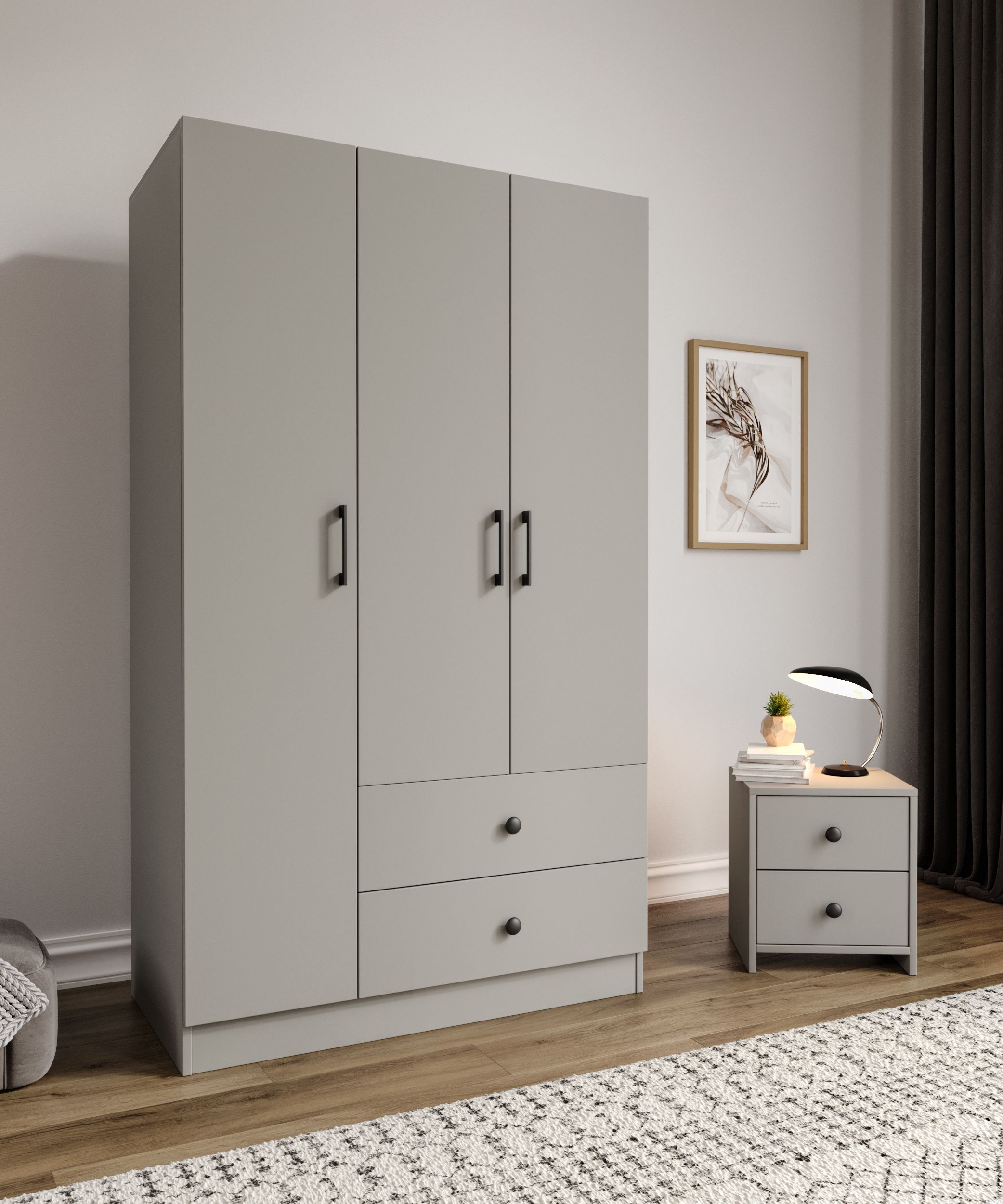 %100 MDF 3 Kapaklı 2 Çekmeceli 7 Raflı Gardırop GRİ-SOFT BEYAZ Ölçüler: 105 x 182 x 52 cm