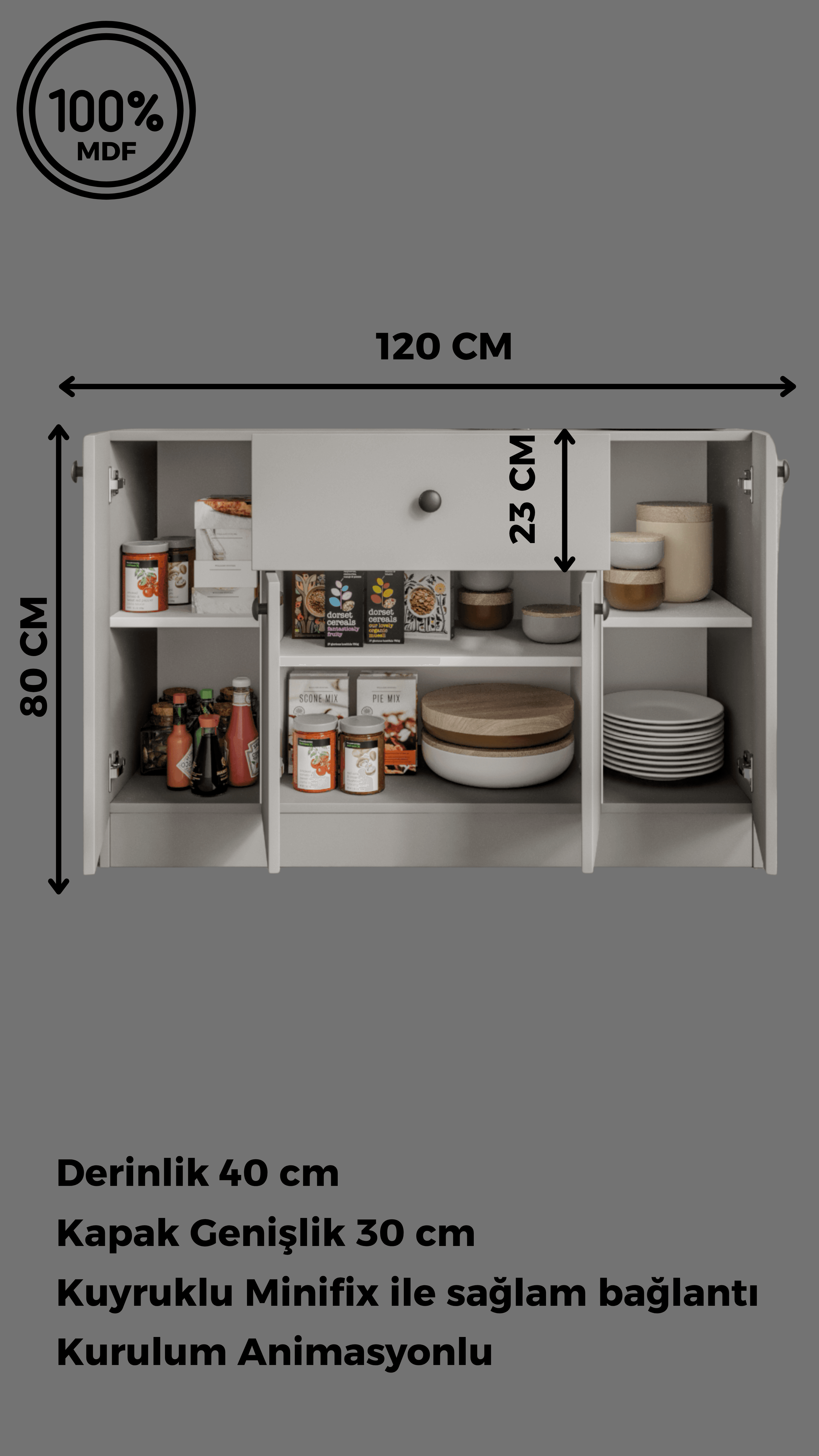 %100 MDF 4 Kapaklı 1 Çekmeceli Çok Amaçlı Mutfak Dolabı - Kahve Köşesi -GRİ SOFT BEYAZ