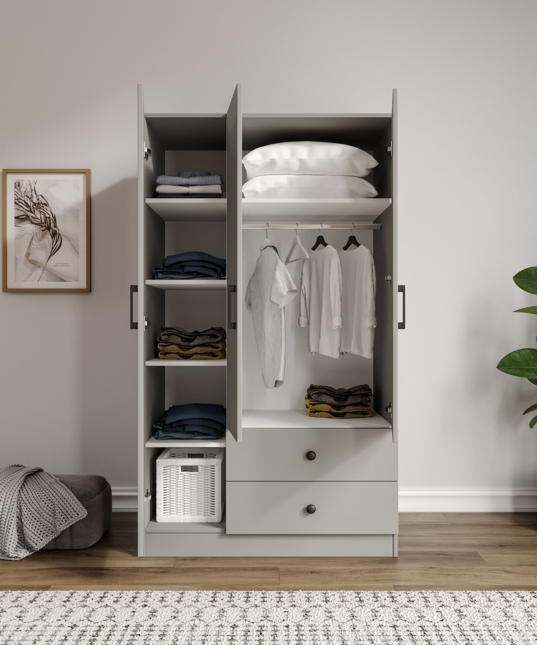 %100 MDF 3 Kapaklı 2 Çekmeceli 7 Raflı Gardırop GRİ-SOFT BEYAZ Ölçüler: 105 x 182 x 52 cm