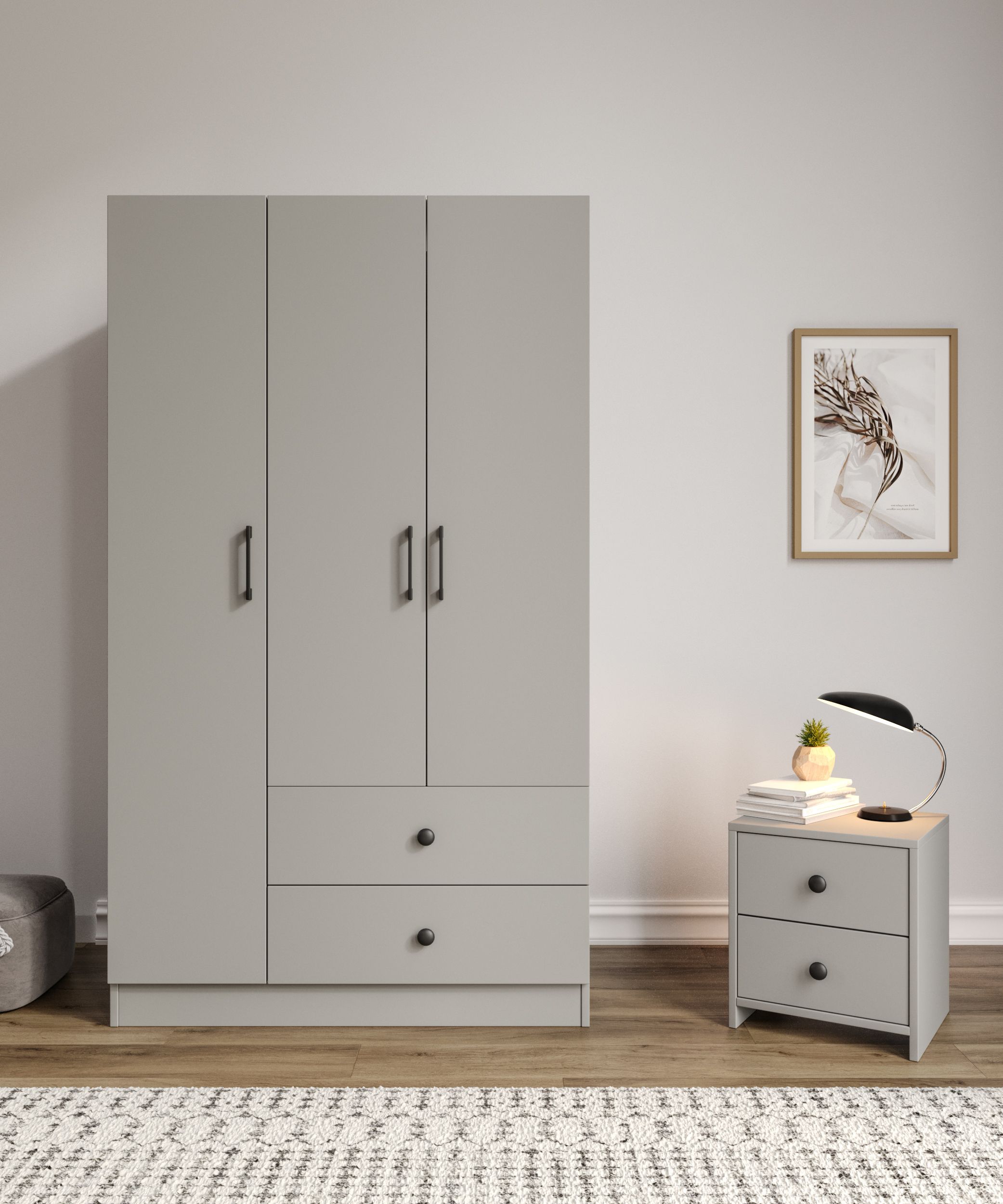 %100 MDF 3 Kapaklı 2 Çekmeceli 7 Raflı Gardırop GRİ-SOFT BEYAZ Ölçüler: 105 x 182 x 52 cm