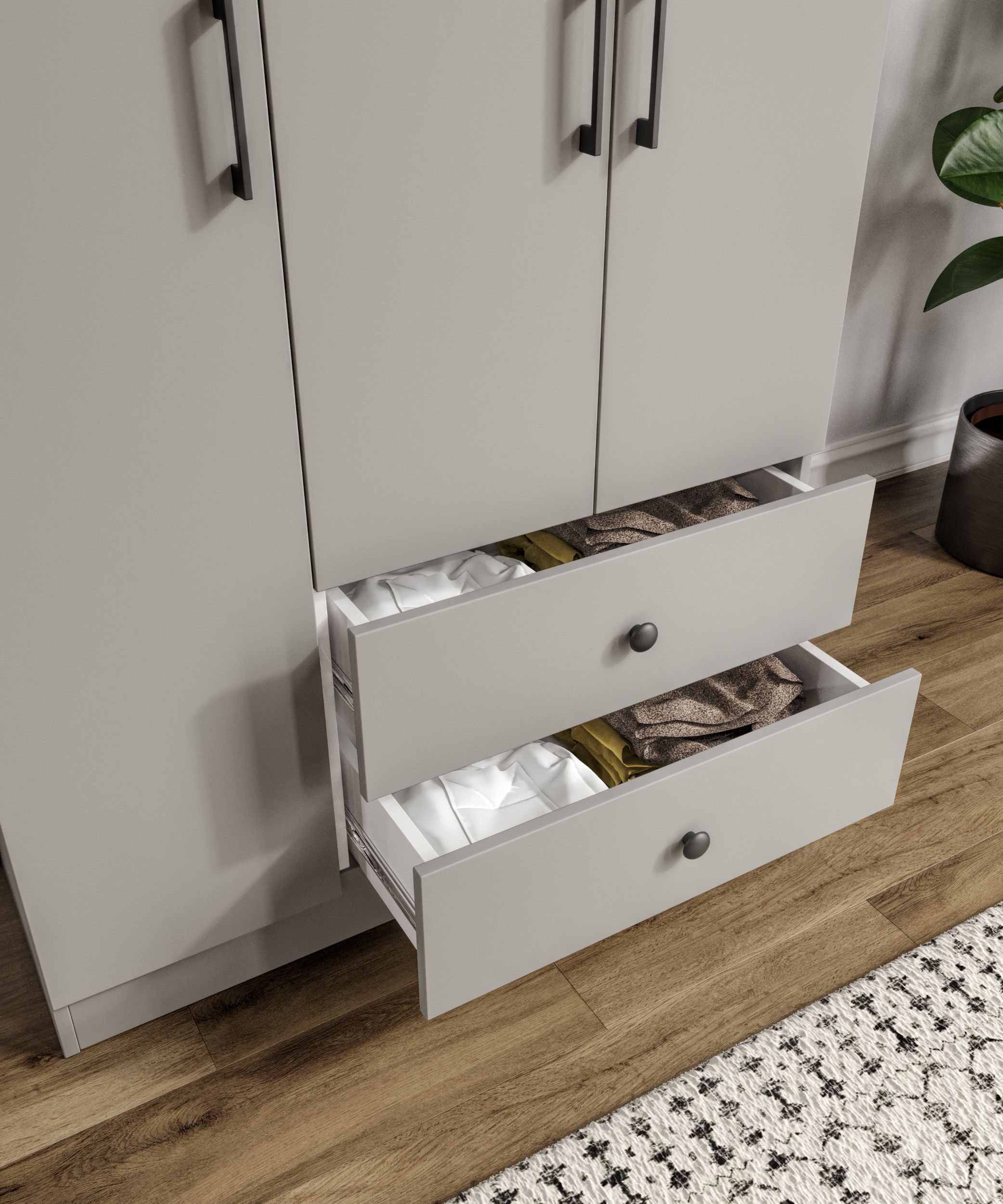 %100 MDF 3 Kapaklı 2 Çekmeceli 7 Raflı Gardırop GRİ-SOFT BEYAZ Ölçüler: 105 x 182 x 52 cm